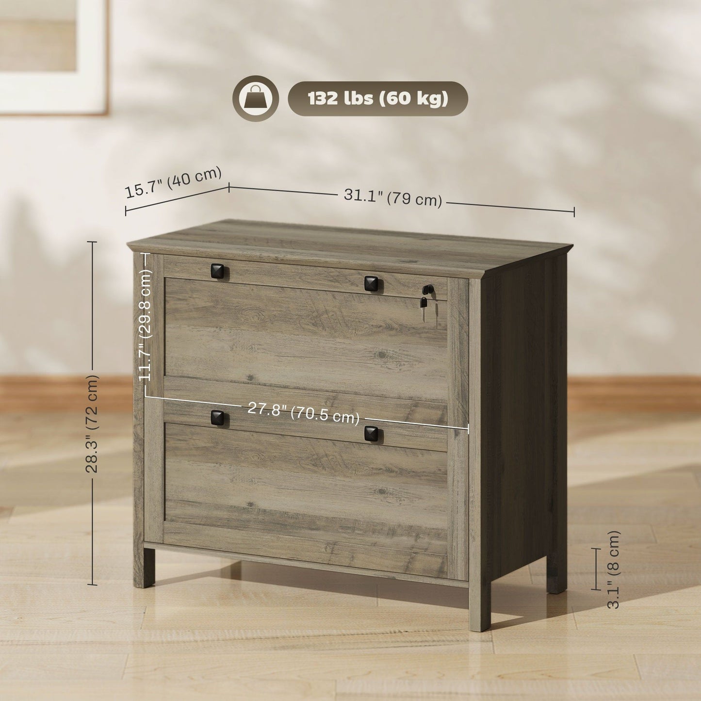 2-Drawer Lockable File Cabinet - Weathered Grey Oak