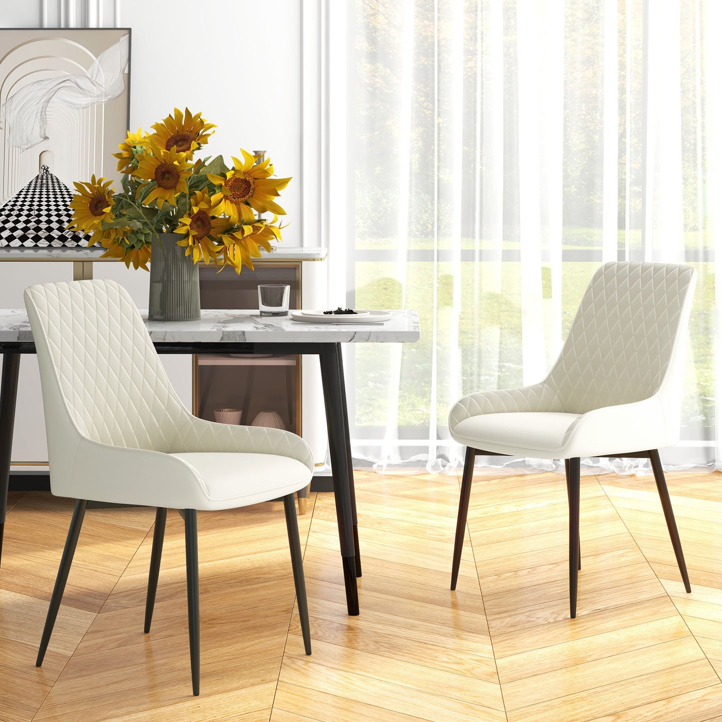 Upholstered Kitchen Chairs, Modern Dining Chairs Set of 2 with Diamond Tufting and Steel Legs for Dining Room, Cream White