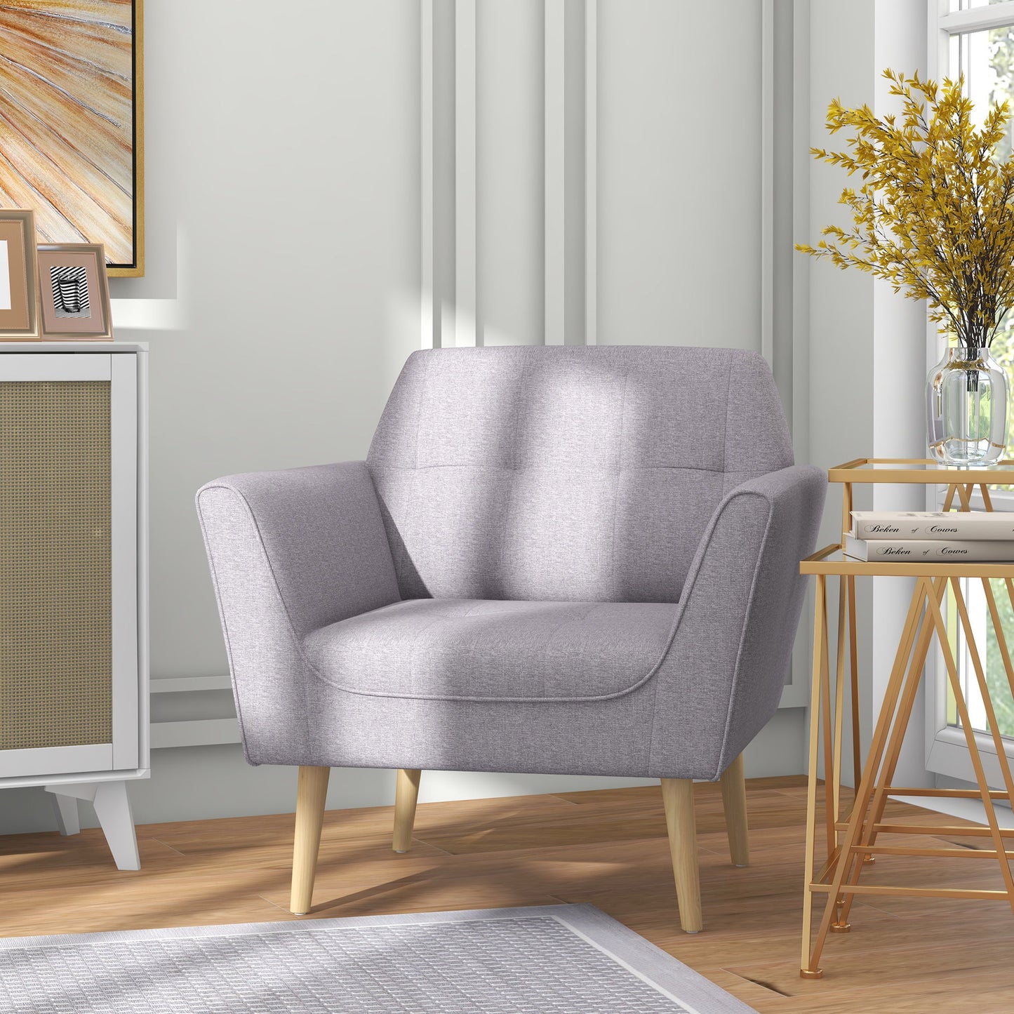 Upholstered Armchair, Modern Accent Chair with Tufted Pattern, Rubber Wood Legs for Living Room, Bedroom, Grey