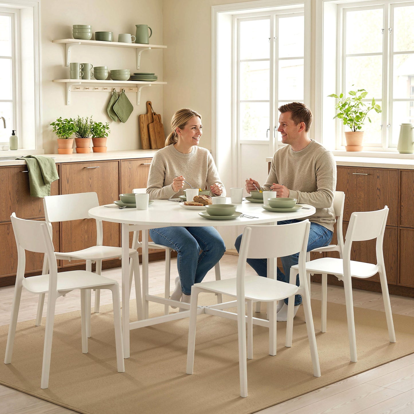 Folding Dining Table for 3-6 People, 47" Round Drop Leaf Kitchen Table with Steel Frame, White