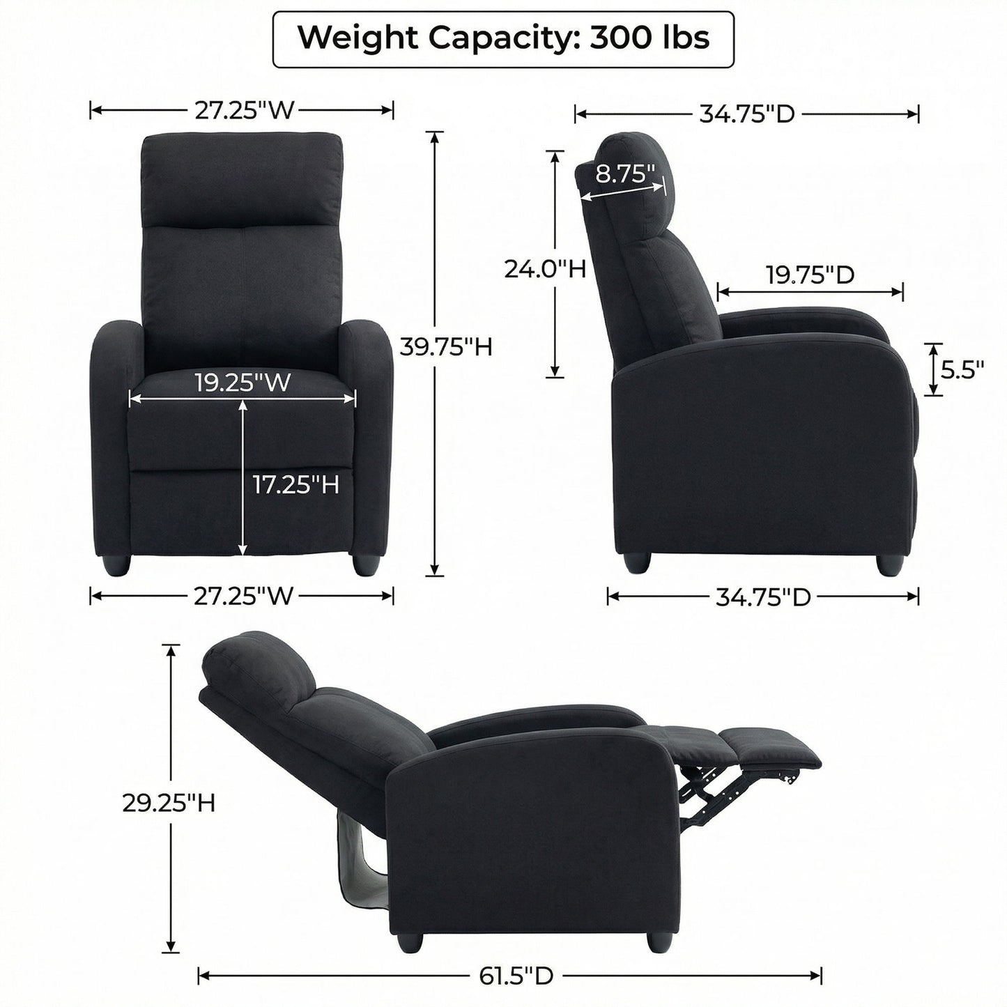Single Recliner Sofa, Manual Home Theater Seating, Single Reclining Sofa Chair with Padded Seat for Living Room, Black