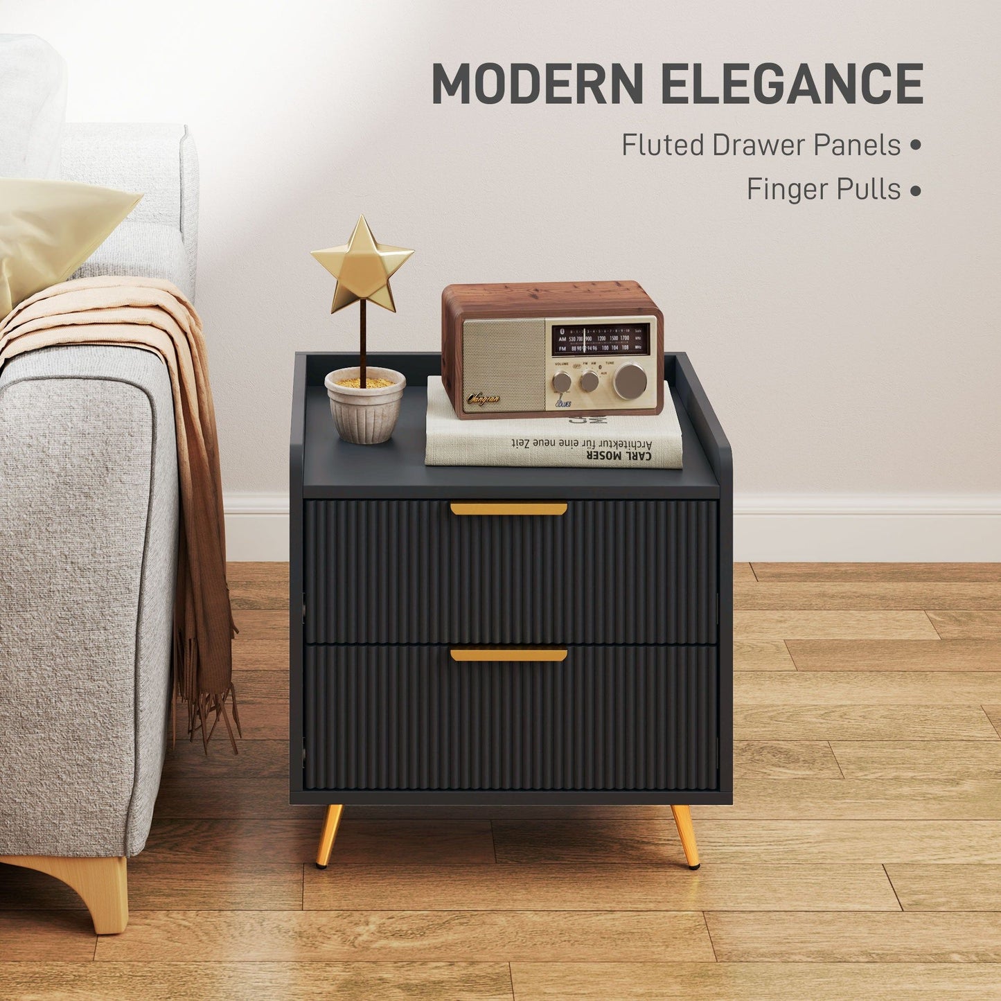 Nightstand with 2 Drawers & Metal Legs - Black