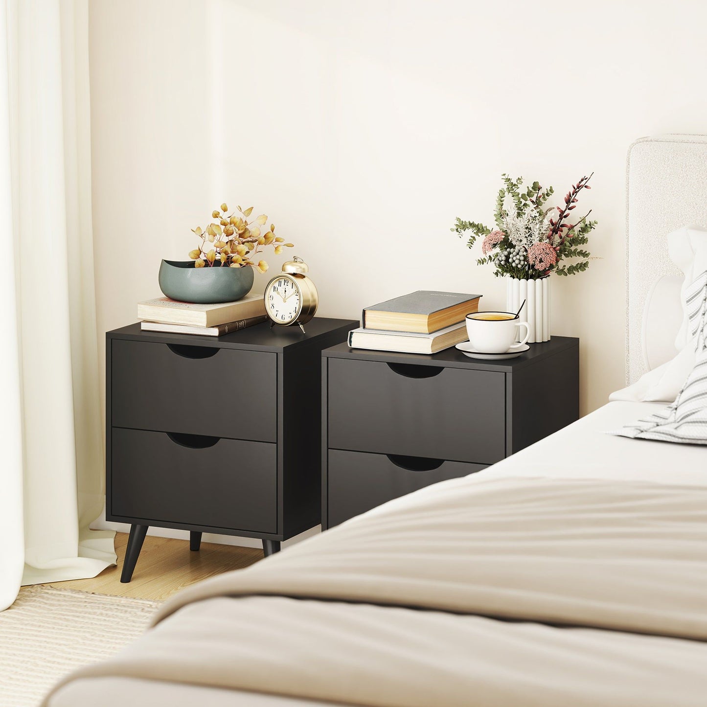 Nightstand Set of 2 with 2 Drawers and Pine Legs - Black