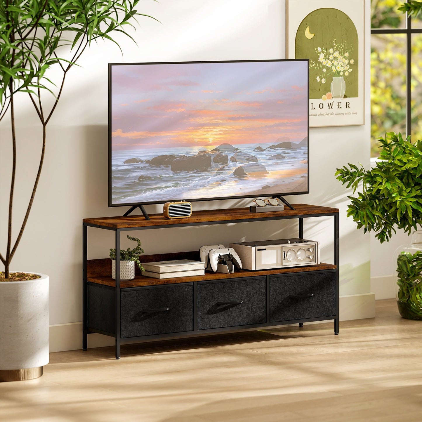 TV Stand with Charging Station and 3 Linen Drawers - Rustic Brown