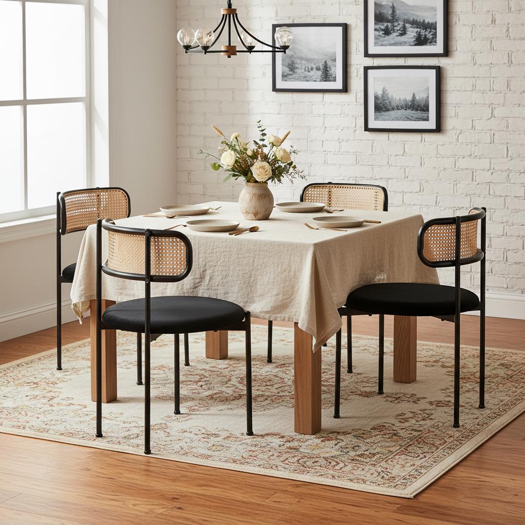 Set of 4 Velvet Dining Chairs with PE Rattan Backrest, Modern Leisure Chairs with Sturdy Metal Legs, 19.5'' L x 20'' W x 29.5'' H, Black+Natural