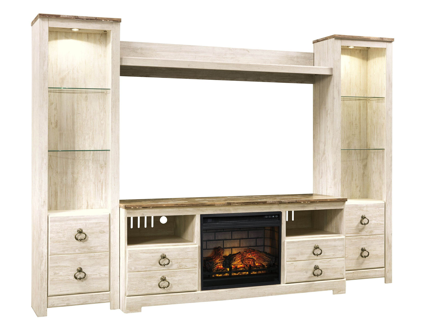 Willowton - Whitewash - Entertainment Center - TV Stand With Faux Firebrick Fireplace Insert - Forward Furniture