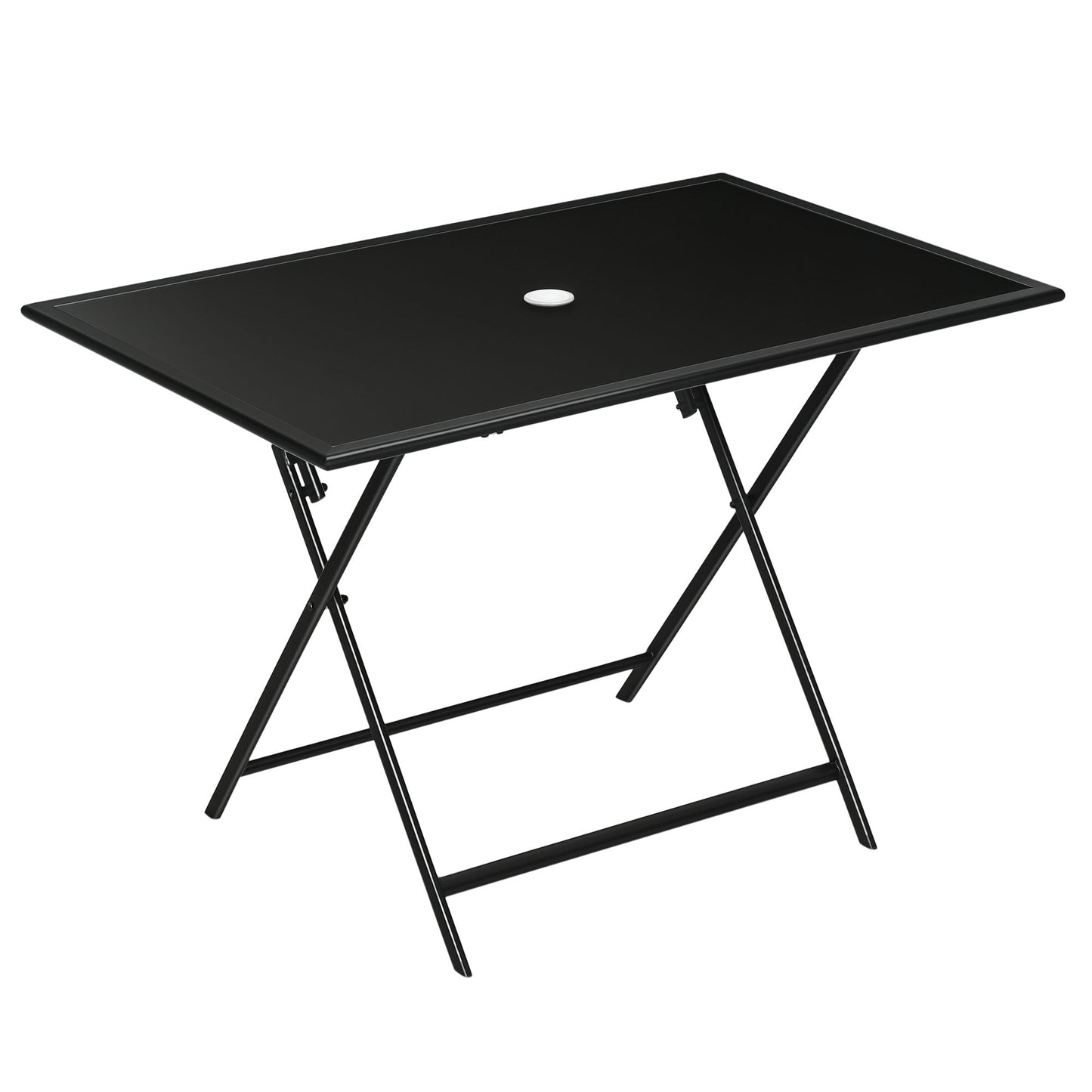 Foldable Outdoor Dining Table with Umbrella Hole, Patio Table for 6 with Glass Top Table, Metal Frame for Garden Lawn Backyard, Black