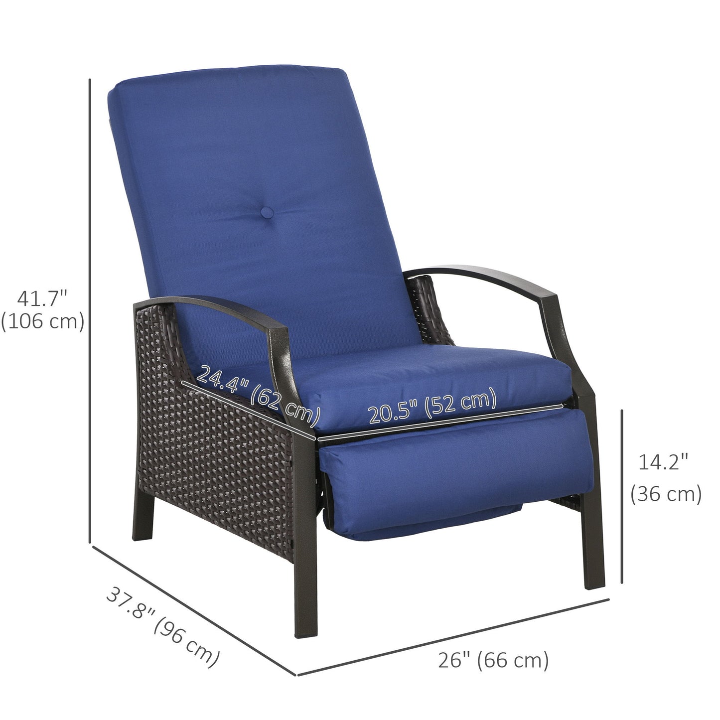 Outdoor Rattan Recliner Chair, Wicker Reclining Chair with Adjustable Back Retractable Footrest Cushion Dark Blue