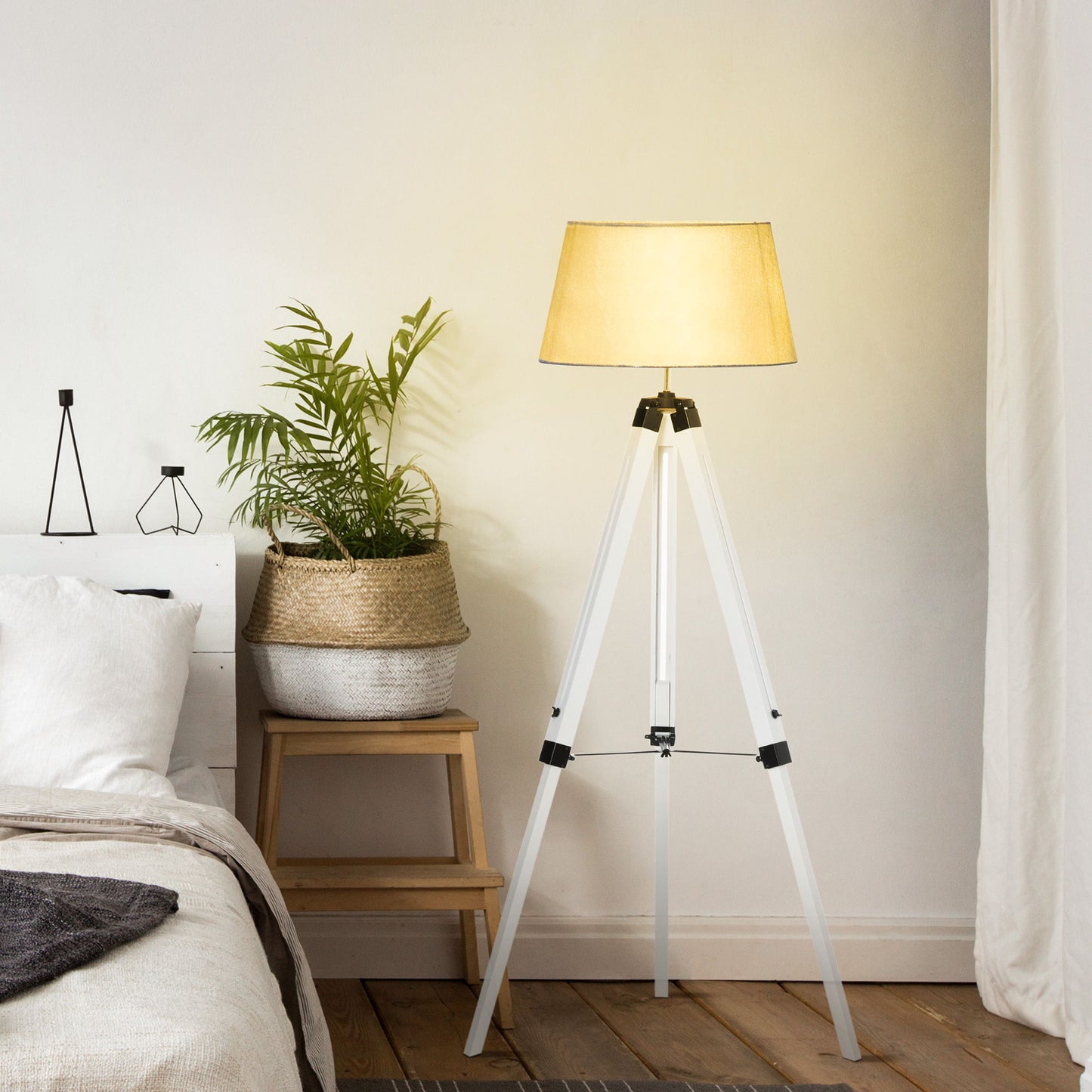 Tripod Floor Lamp, Adjustable Height Wooden Standing Lamp with E26 Lamp Base for Living Room, Bedroom, White and Grey