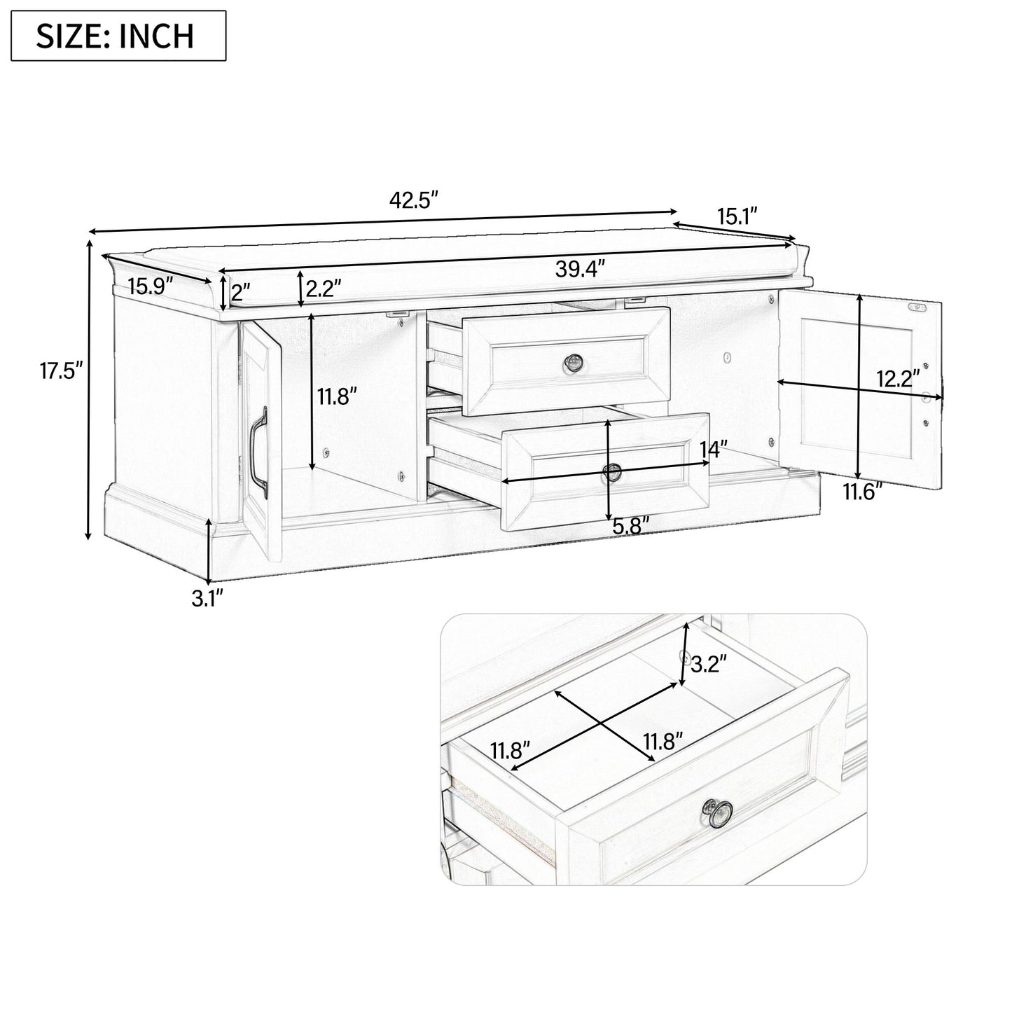 Storage Bench with 4 Doors and Adjustable Shelves, Removable Cushion for Entryway, 43" L x 16" W x 17.5" H, Gray