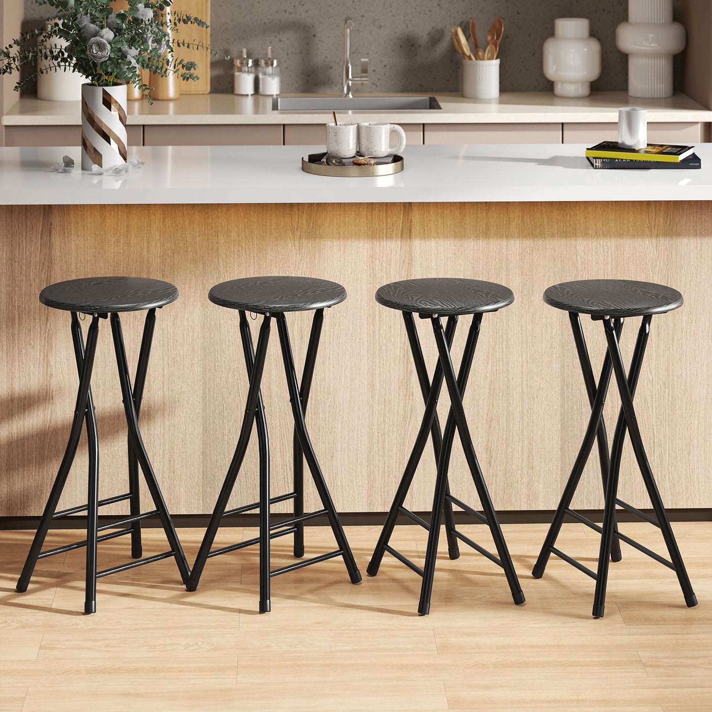 Set of 4 Foldable Barstools, Counter Height Bar Stools with Footrest and Steel Legs for Kitchen Island, Black
