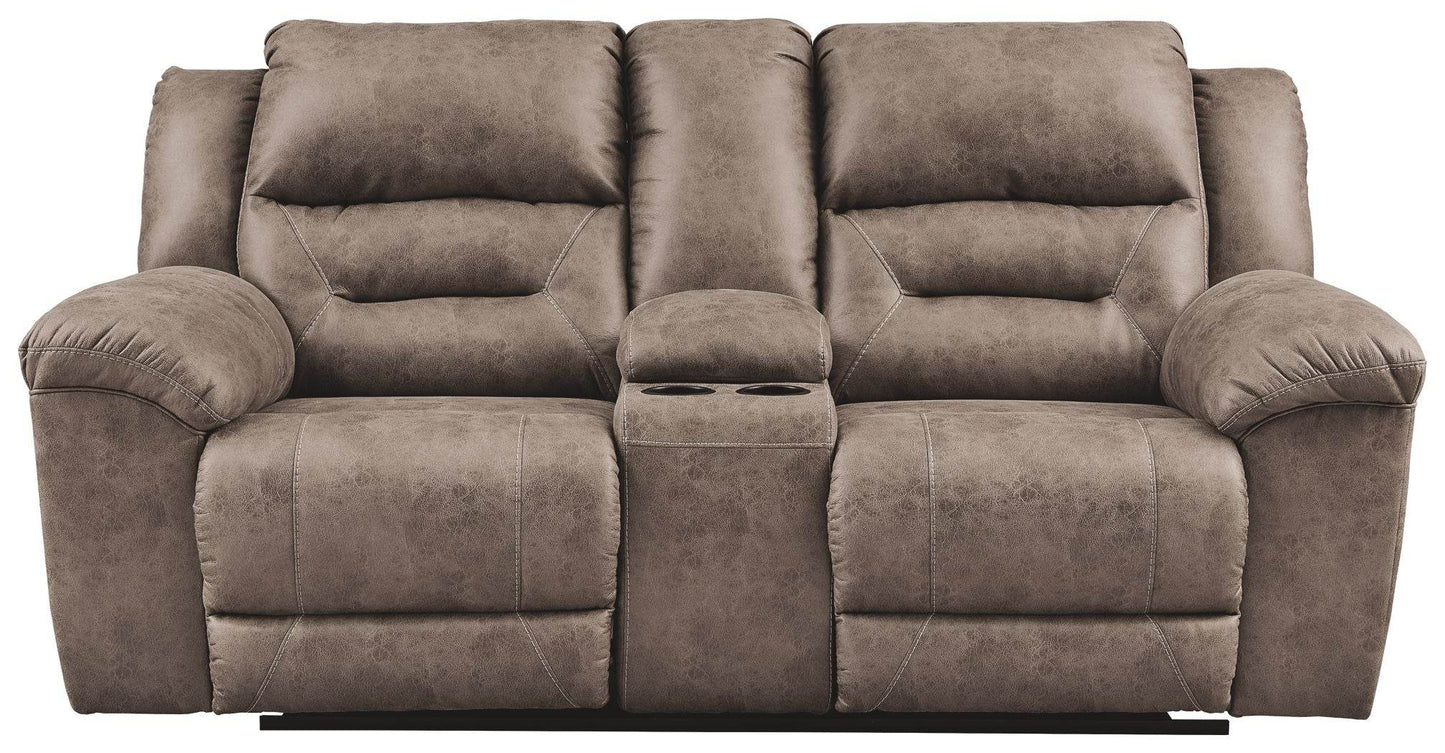 Stoneland - Fossil - Dbl Reclining Loveseat W/Console - Faux Leather - Forward Furniture