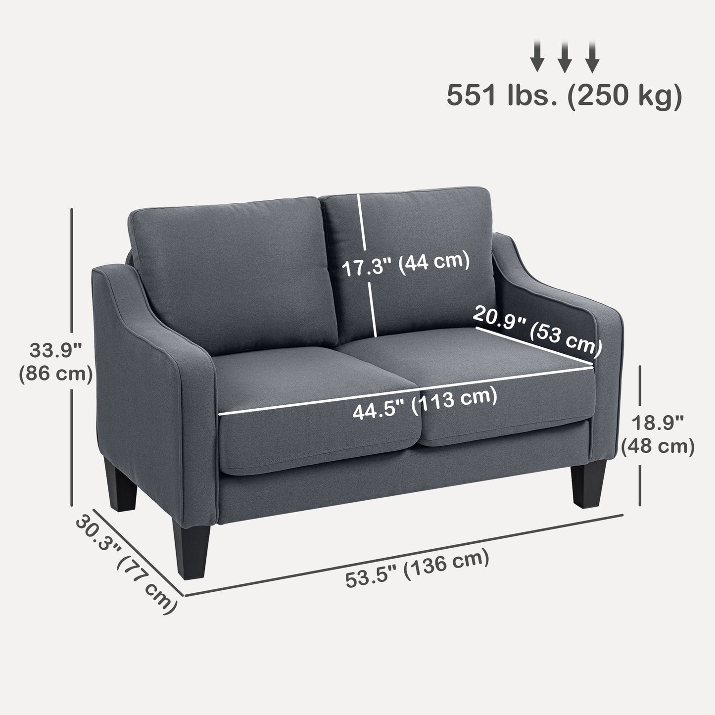 Loveseat Sofa, Modern Couch with Pocket Spring, Linen Upholstered, Thick Padded, Charcoal Grey