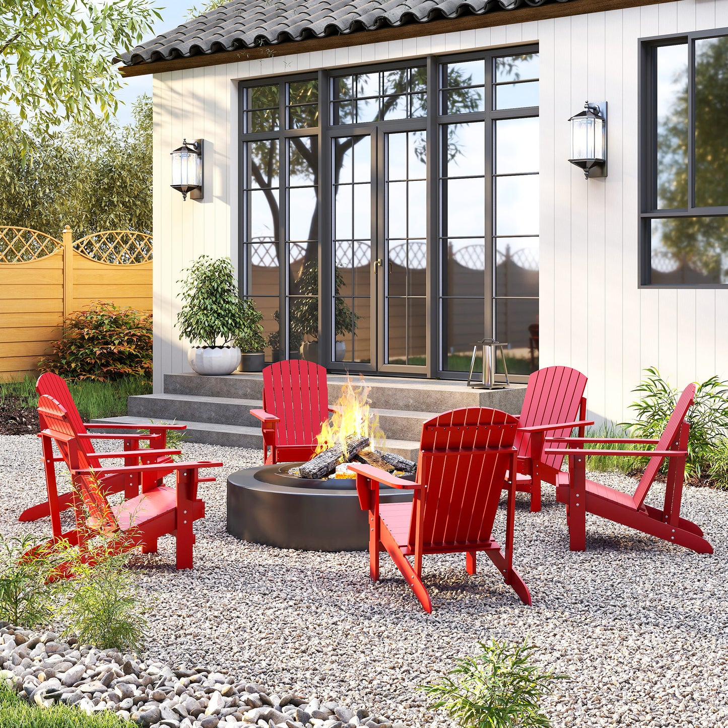 Classic Adirondack Chair, Muskoka Chairs, Garden Deck Chair with Cup Holder for Patio, Indoor, Backyard, Red