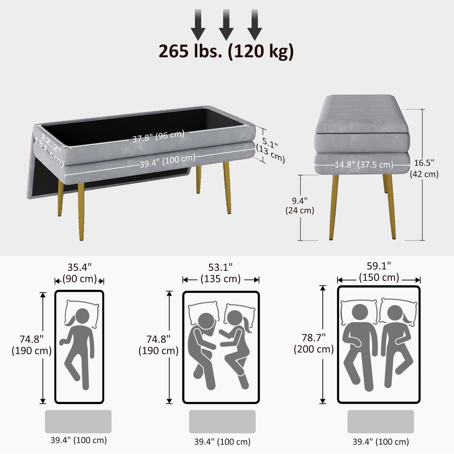 39" Storage Ottoman, Velvet End of Bed Bench with Steel Legs, Foot Stool with Storage for Bedroom, Living Room