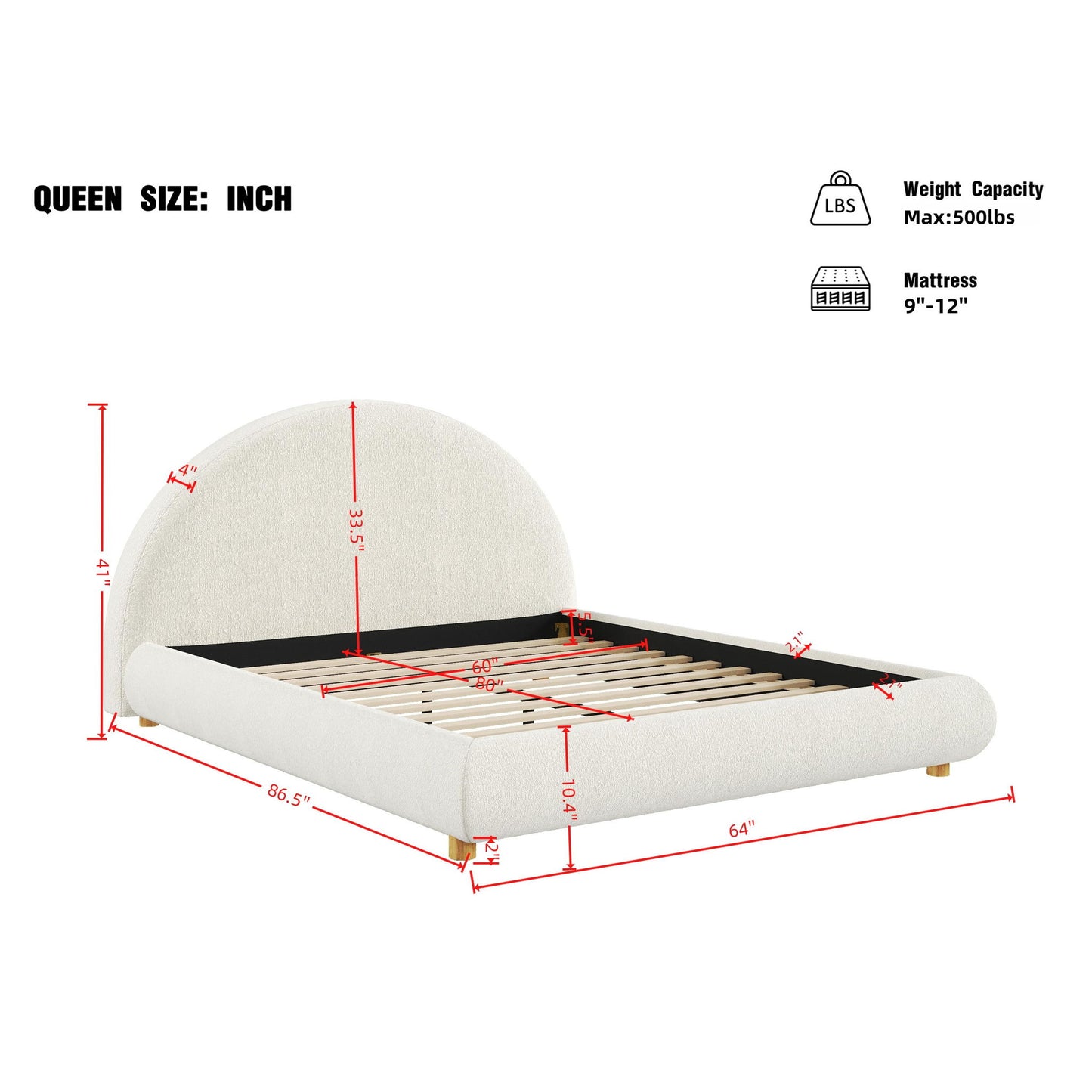 Queen Size Upholstered Platform Bed with Rounded Enclosed Headboard, Sturdy Bed Frame with Mattress Retainer, 86.5'' L x 64'' W x 41'' H, White