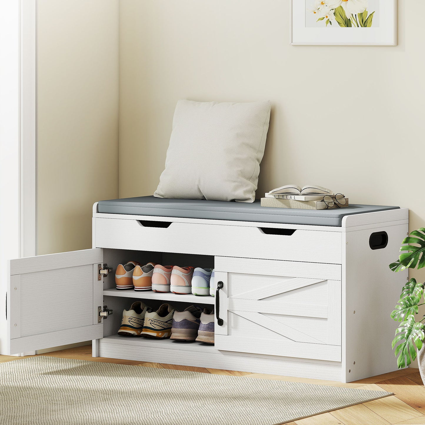 Shoe Storage Bench, Entryway Bench with 2-Tier Cabinet, Flip-Top Storage, Padded Cushion for Hallway, White