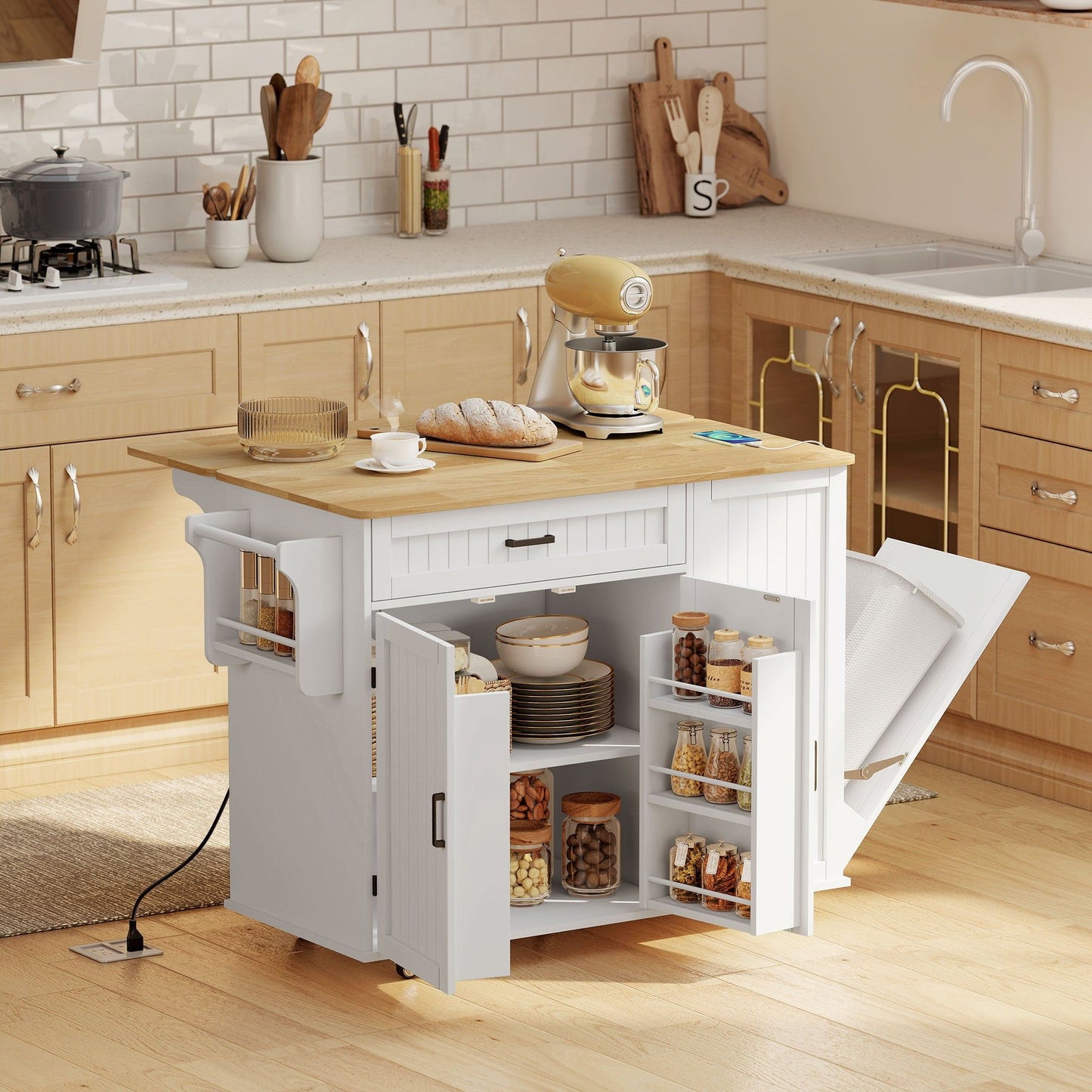 Kitchen Island Cart with Drop Leaf and Charging Station - White
