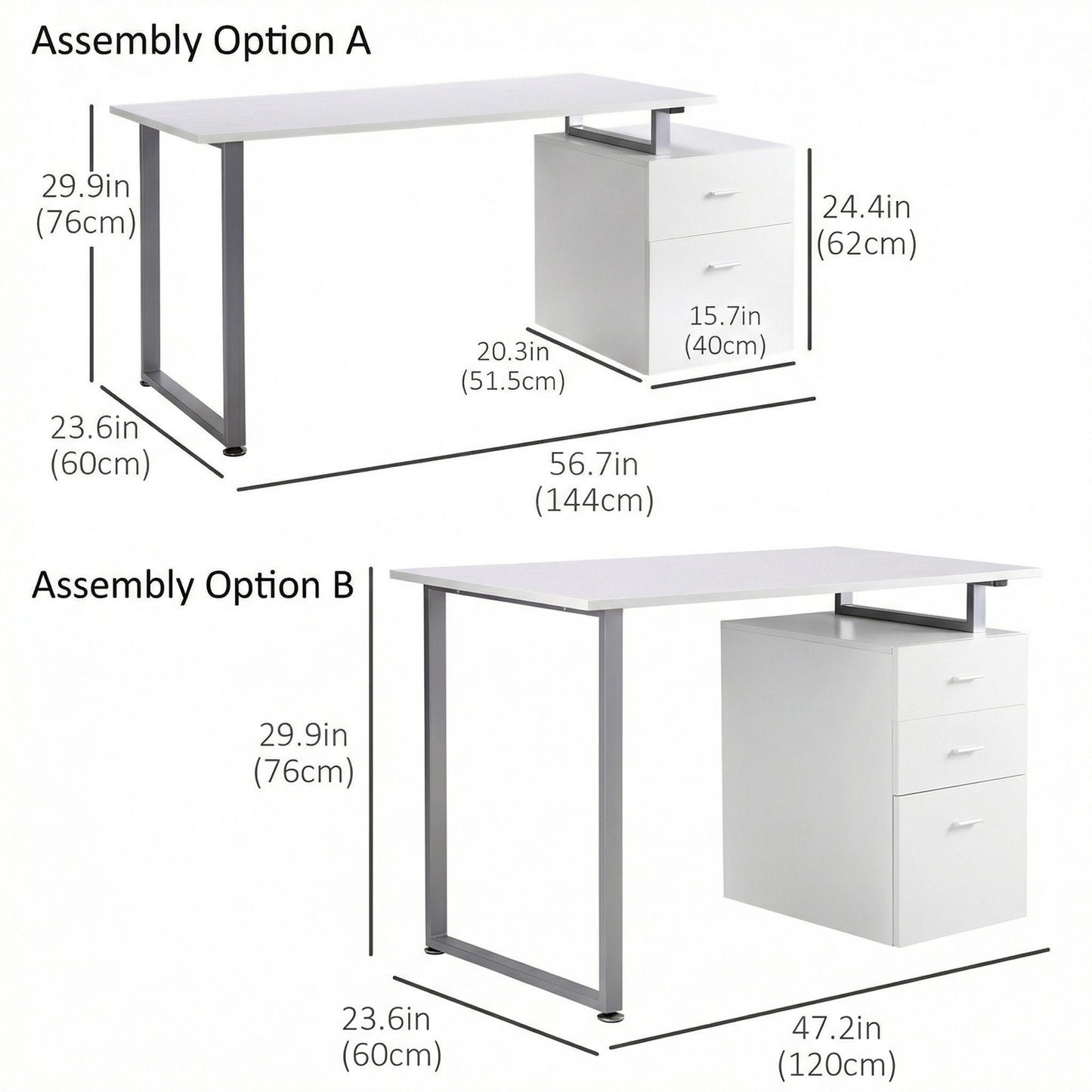 47" Computer Desk Writing Table Workstation with Multi-Use Reversible File Drawers Metal Frame Home Office Furniture, White