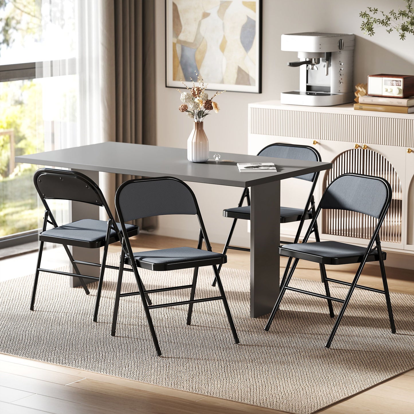 Set of 4 Metal Foldable Chairs, Corduroy Padded Folding Chairs with Cushion Seat and Open Back for Indoor, Grey