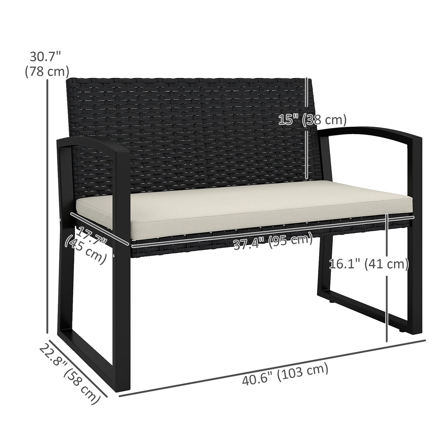 2 Seater Outdoor Bench, Rattan Garden Bench Loveseat with Cushion, Armrests, Steel Frame for Patio, Porch, Beige