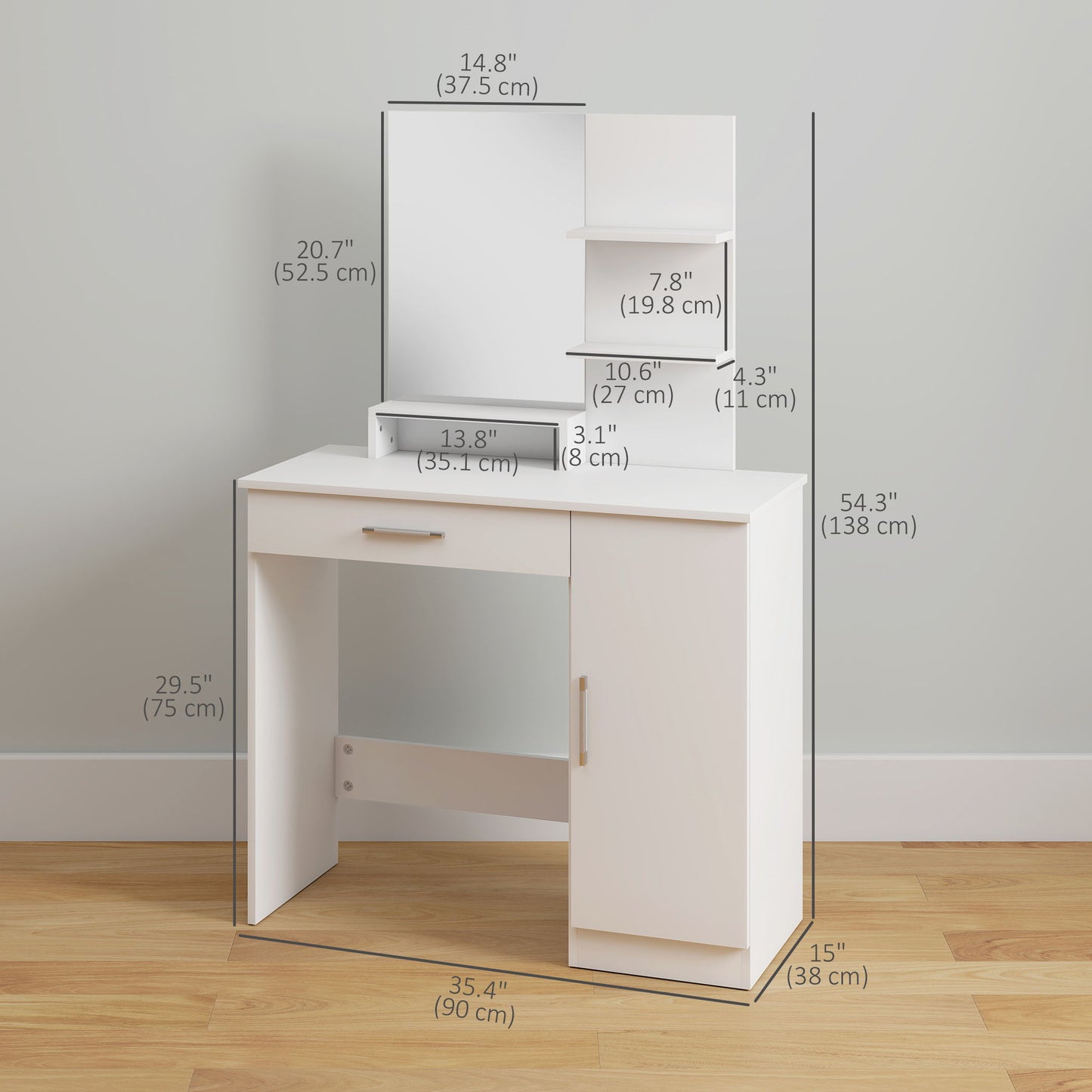 Vanity Desk with Mirror, Makeup Vanity w/ Drawer, Open Compartment and Shelves, Cabinet, Adjustable Shelves for Bedroom