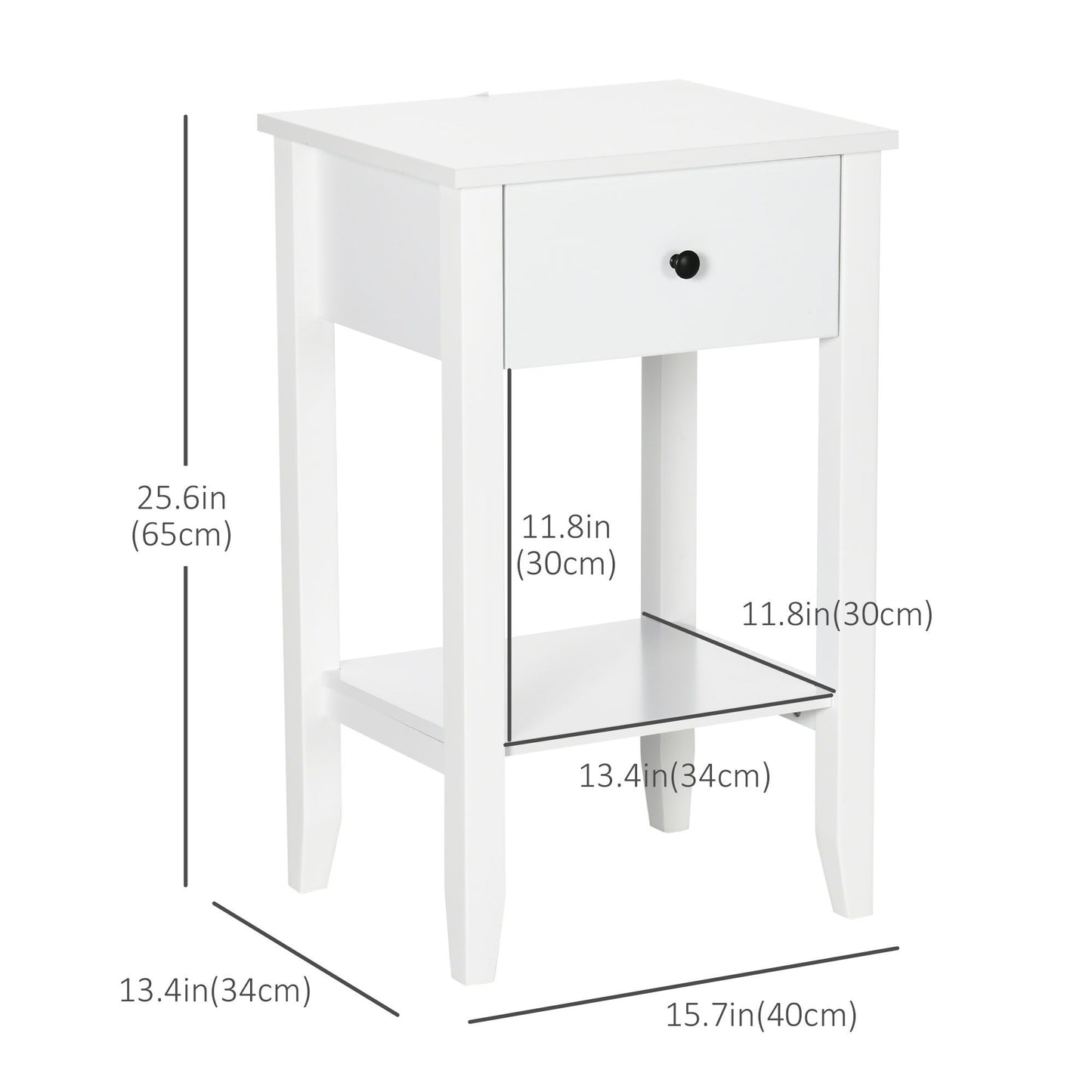 Side Table Set of 2, End Tables with Drawer and Bottom Shelf, 2-tier Nightstand for Bedroom, Living Room, White