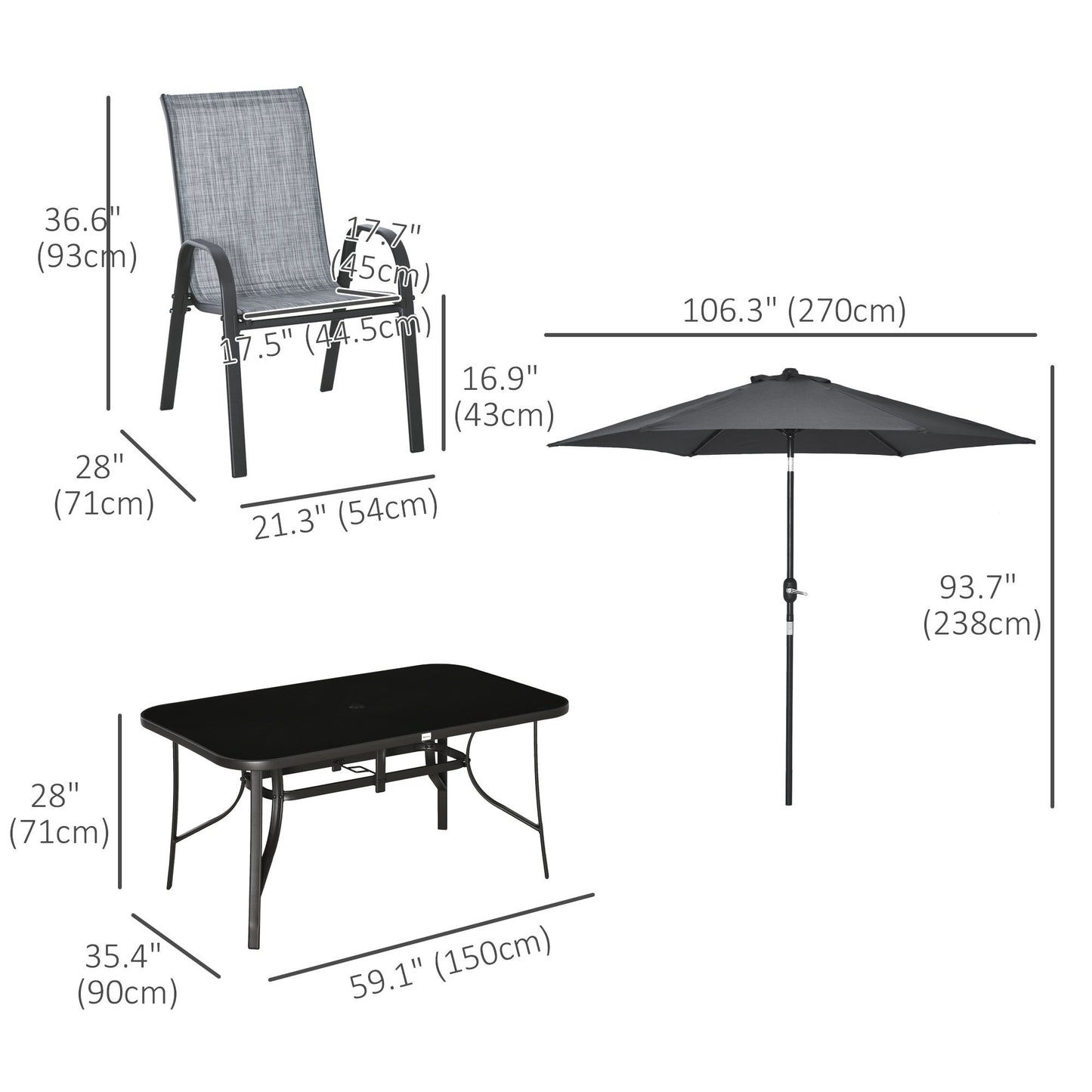 8 Pieces Patio Dining Set with Umbrella, 6 Chairs and Table, Grey