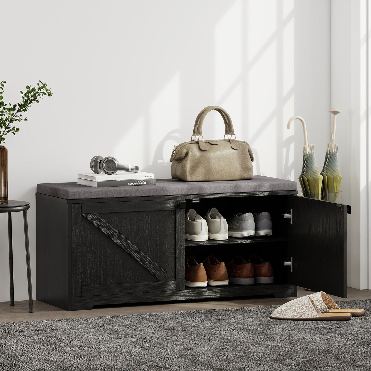 Shoe Storage Bench with Padded Seat, Entryway Bench Holds up to 352 lb, Shoe Organizer, 8 Pairs, Black Wood Grain