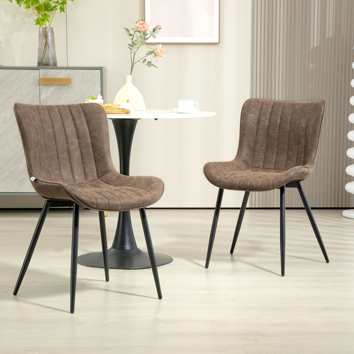 Dining Chairs Set of 2, PU Leather Upholstered Kitchen Chairs with Backrest and Steel Legs, Brown