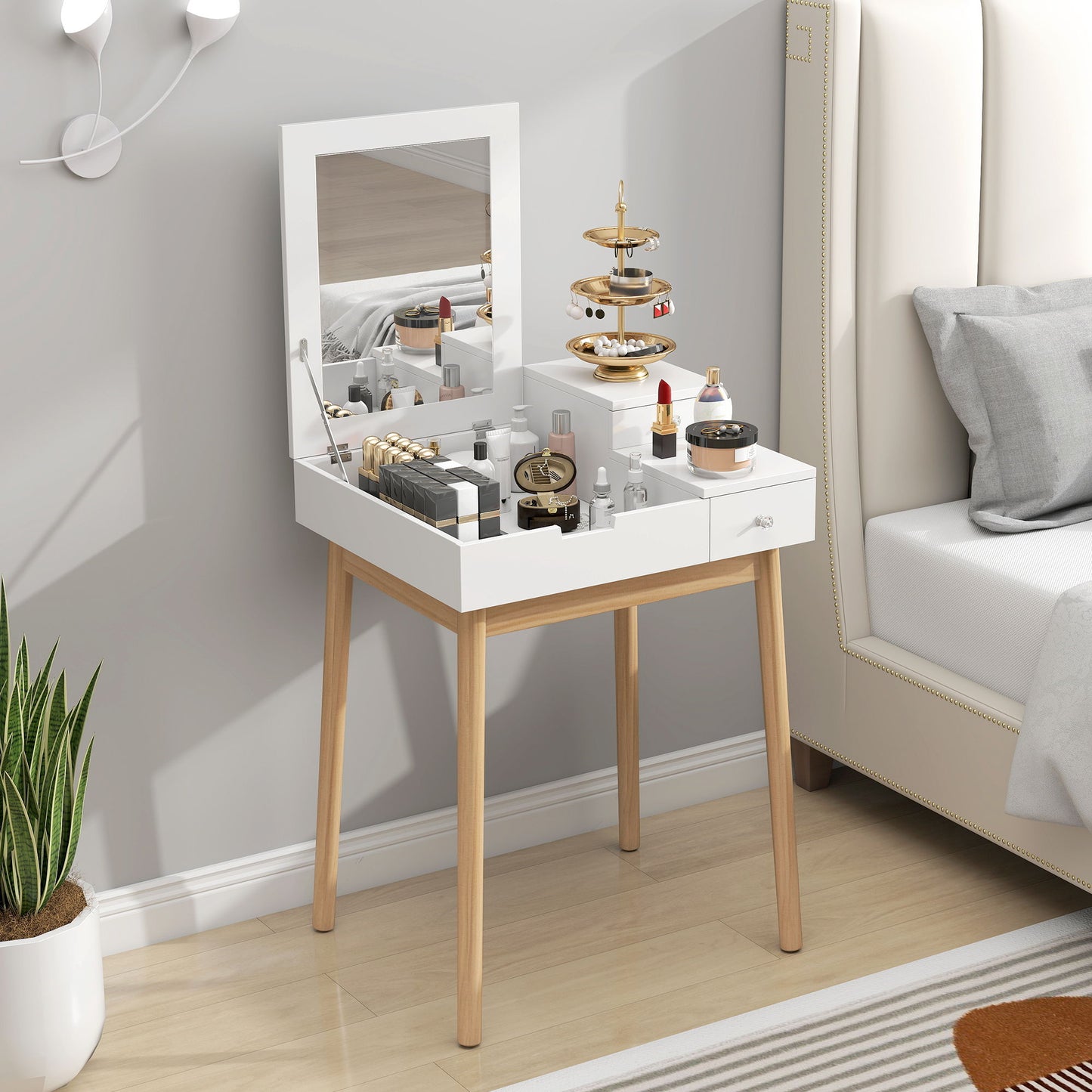Makeup Vanity Table with Flip-up Mirror, Modern Dressing Table with 2 Drawers for Bedroom, White
