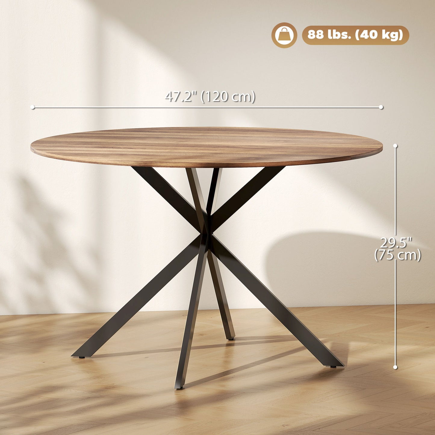 47" Round Kitchen Table for 4, Industrial Dining Table with Steel Legs for Dining Room, Dark Brown and Black
