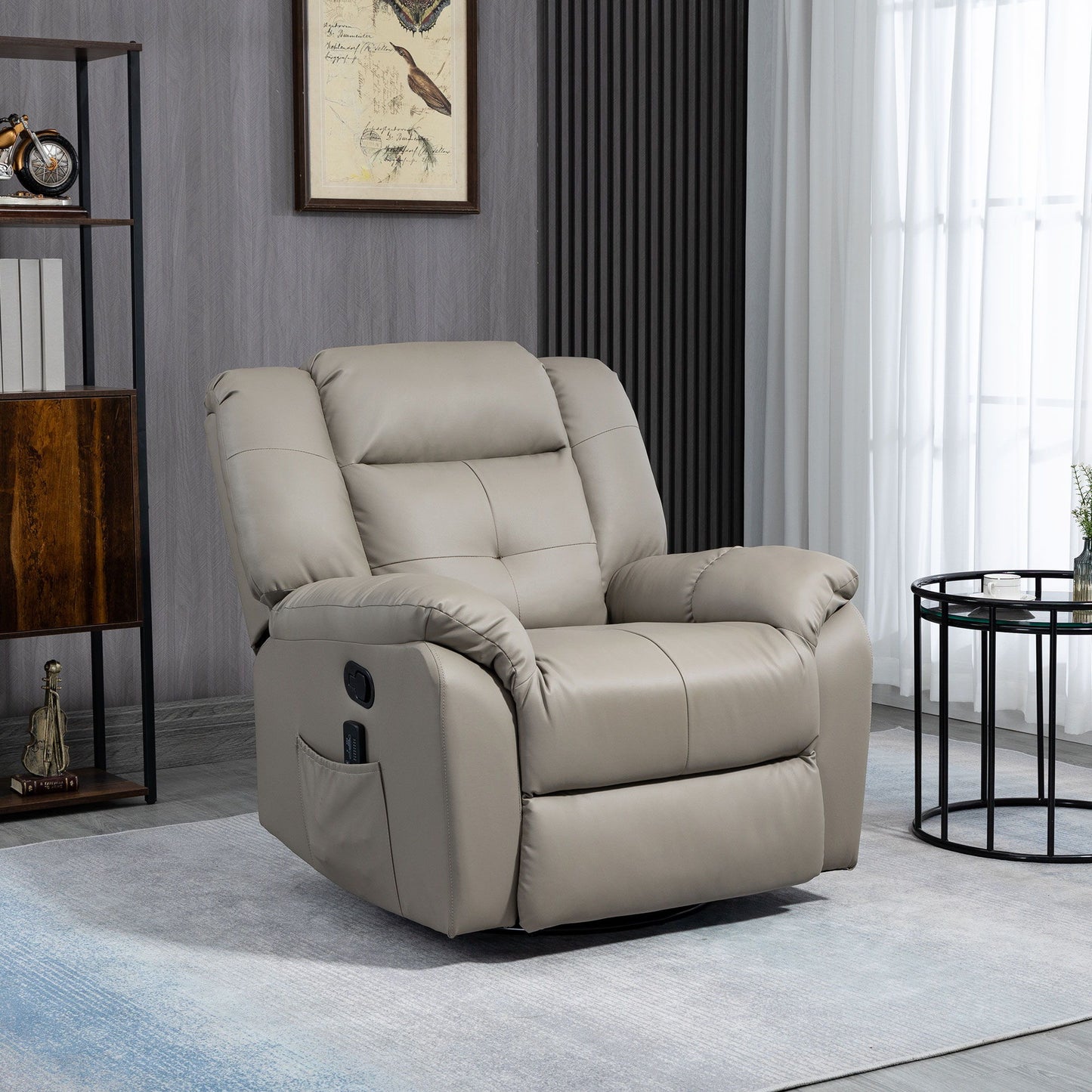 8-Point Vibration Massage Recliner Chair for Living Room, PU Leather 360° Swivel Manual Reclining Sofa Rocking Chair with Remote Control, Side Pockets, Grey