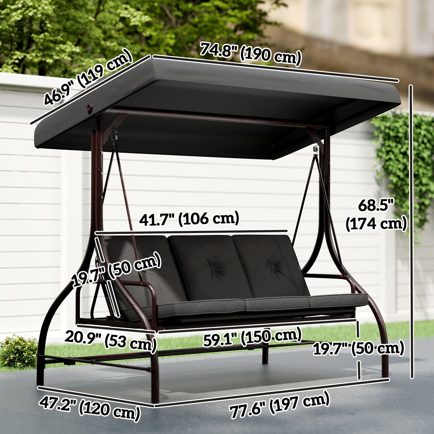 Convertible Patio Swing Bed with Canopy and Cushions, 3 Seater Porch Swing for Outdoor, Backyard, Garden, Dark Grey