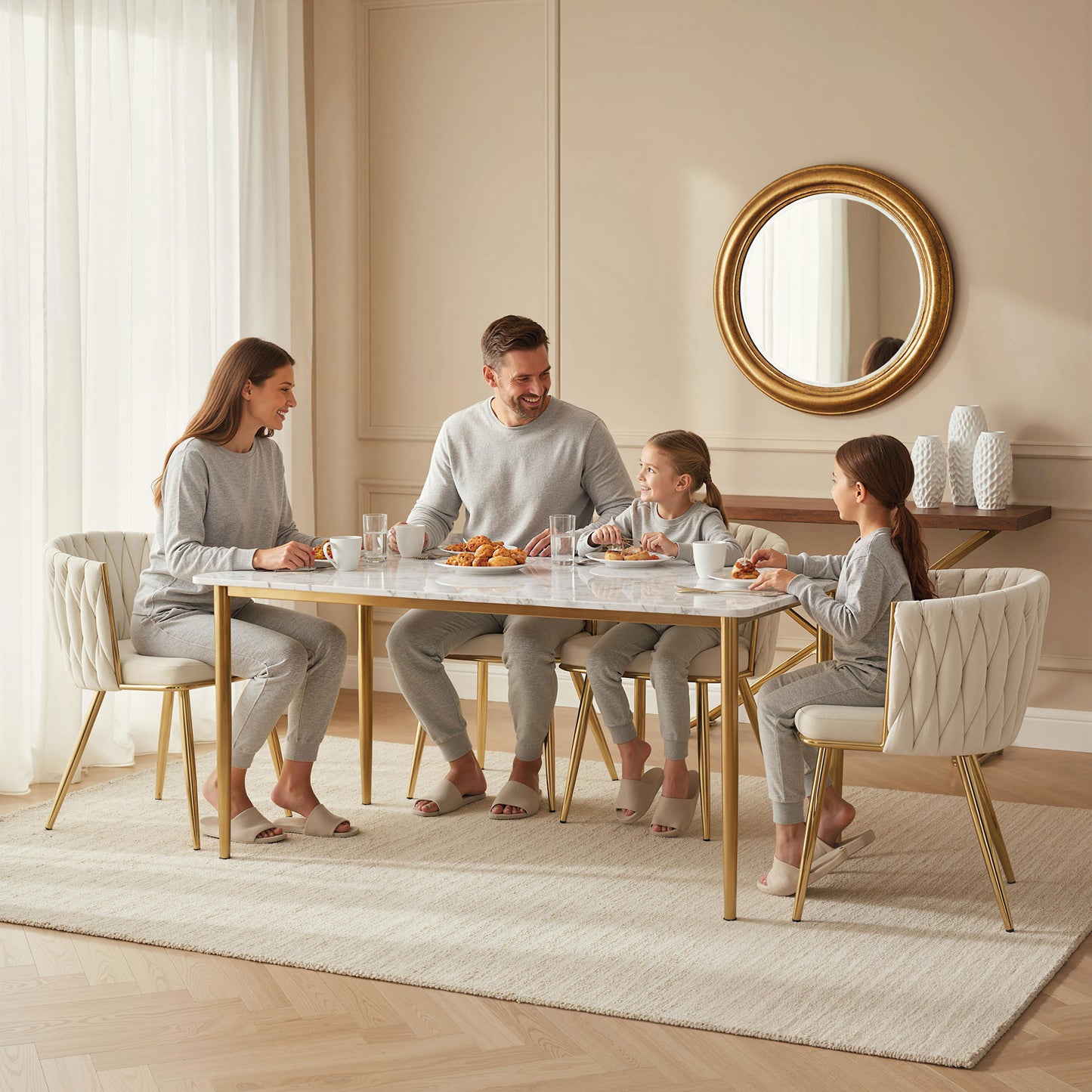 Modern Dining Chairs Set of 2, Velvet-Feel Upholstered Kitchen Chairs with Woven Backrest and Metal Legs, Cream White