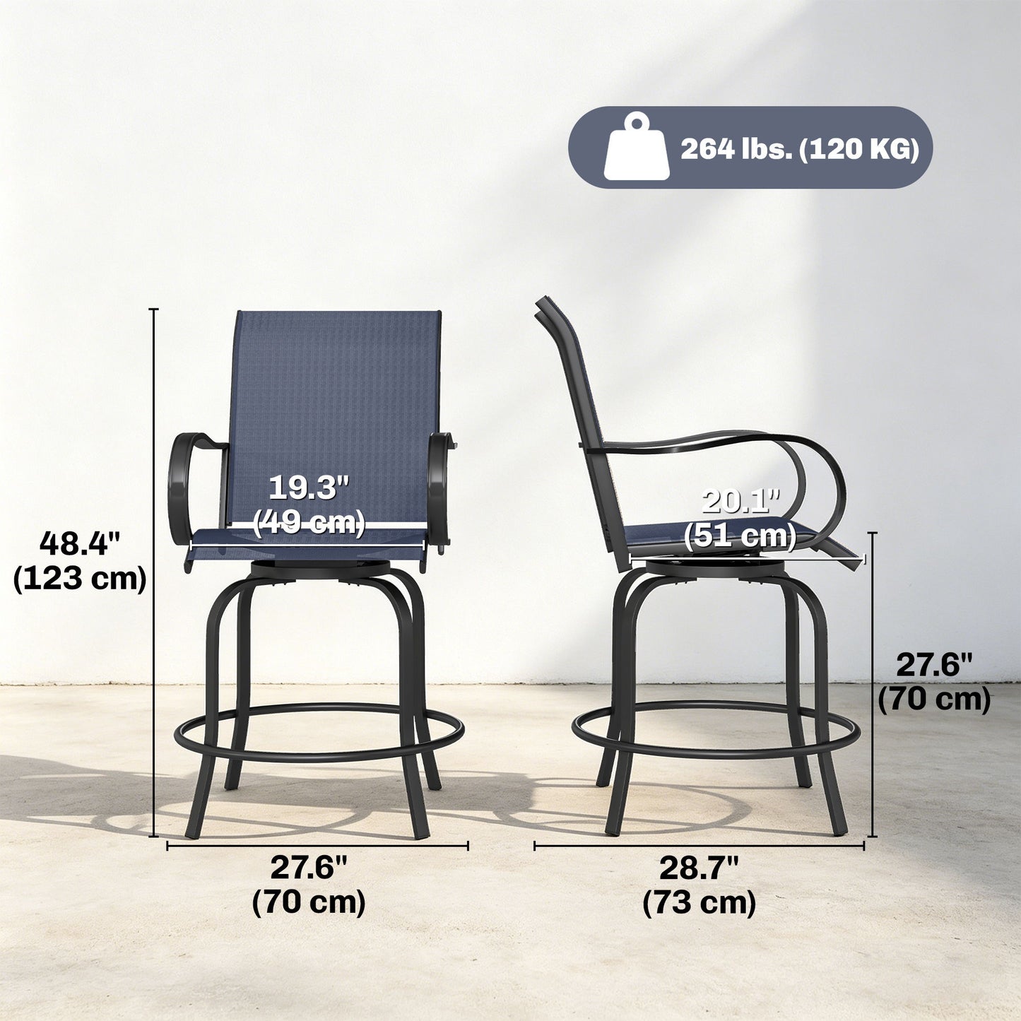 Outdoor Bar Stools Set of 2, 360° Swivel Bar Height Chairs, 26.8" x 29.5" x 48.4", Navy Blue