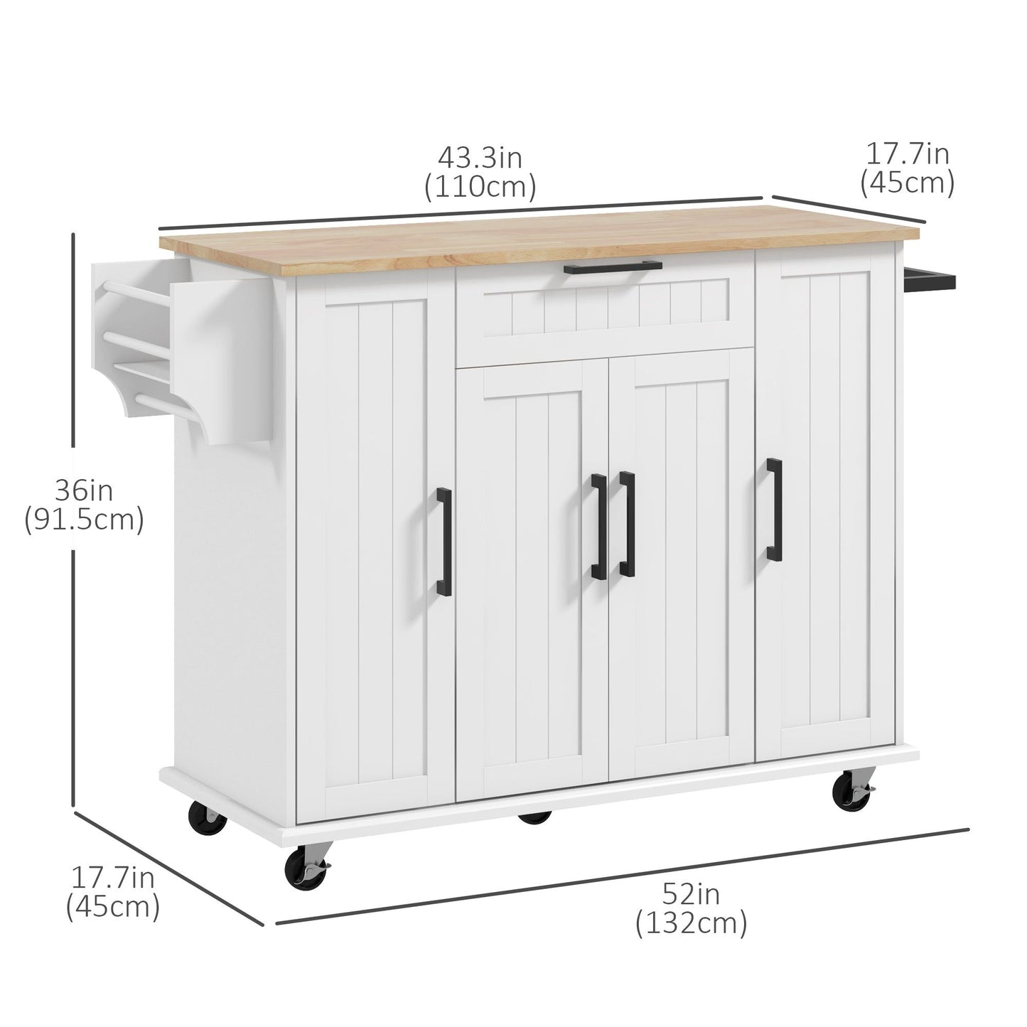 Rolling Kitchen Island Cart with Wood Top - White