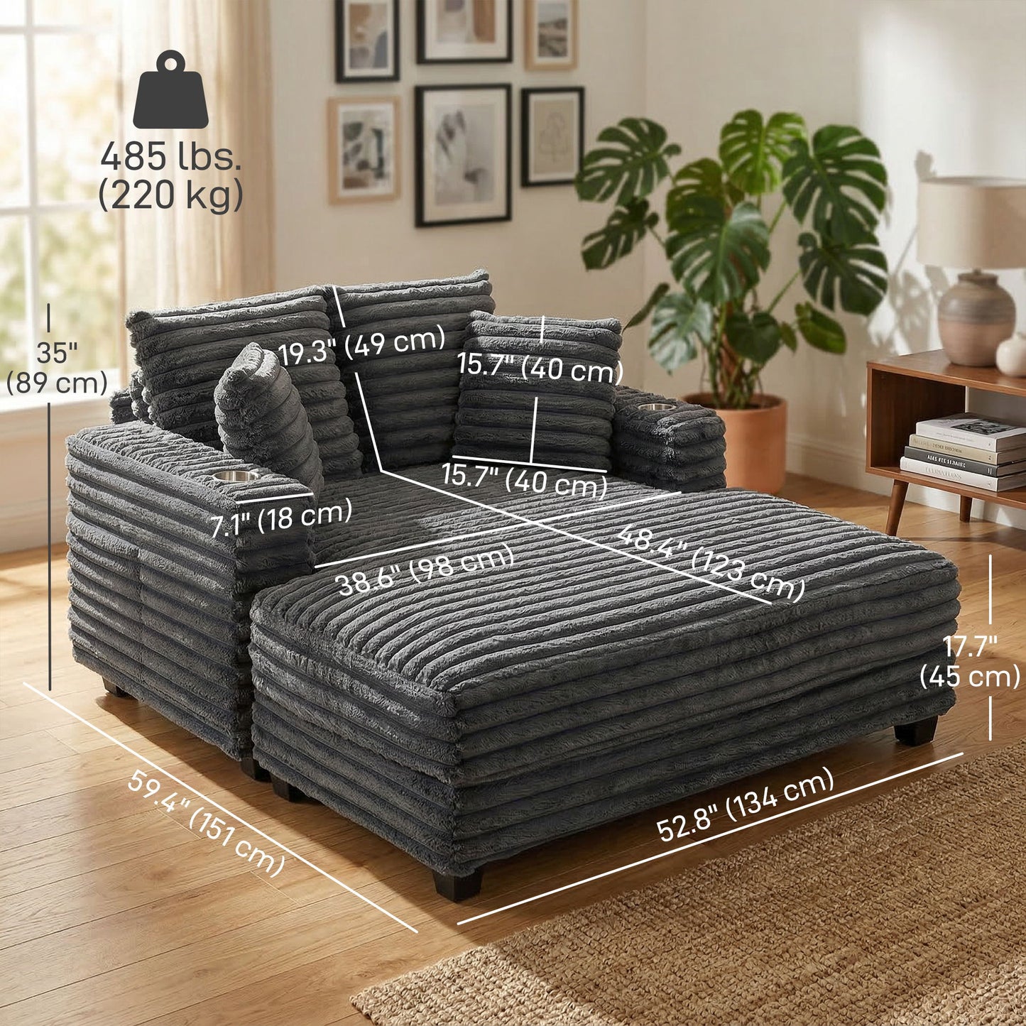 60" Chaise Lounge Chair, Oversized Upholstered Sofa Bed with Cup Holders & Pillows, Sleeper Couch for Living Room, Grey