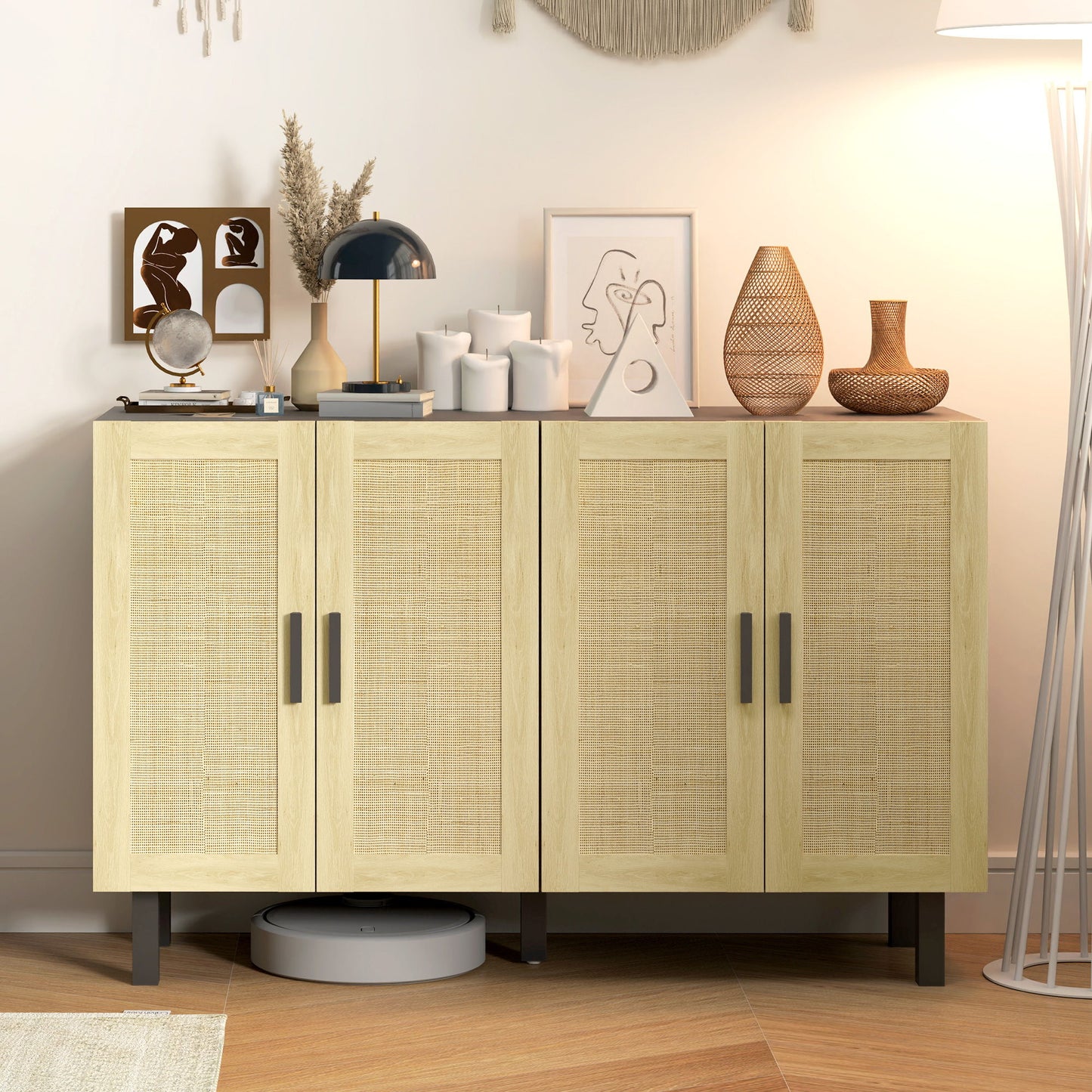 Boho Sideboard Buffet Cabinet, Storage Cabinet with 4 Rattan Doors and Adjustable Shelves, Black