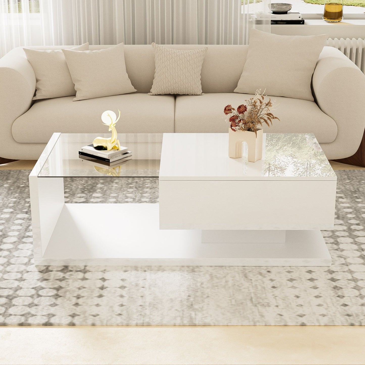 High-Gloss Coffee Table with Glass and LED Effect, Modern Design with Storage Compartment, Easy to Install, 41.5" L x 21.5" W x 12.5" H, White
