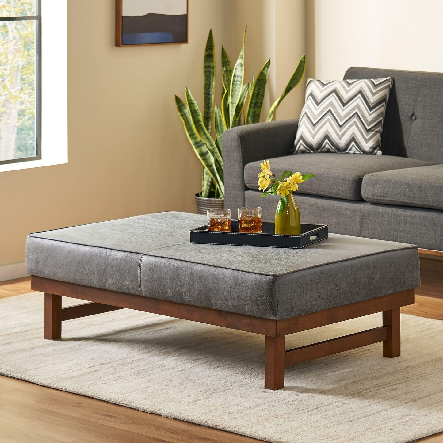 Square Coffee Table with Plush Cushion Top and Upholstered Finish, Versatile Leather Ottoman for Living Room, 48'' L x 27.5'' W x 15'' H, Grey