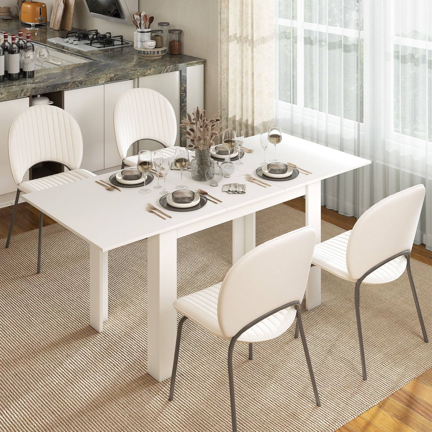 Modern Extendable Dining Table, 55.1 x 31.5 in, for 6-8 People, Expandable Dining Table for Kitchen, White