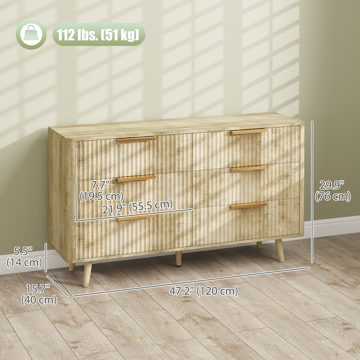 Fluted Chest of Drawers, Modern 6 Drawer Dresser with Pine Wood Legs, Finger Pulls for Closet, Living Room, Hallway, Oak