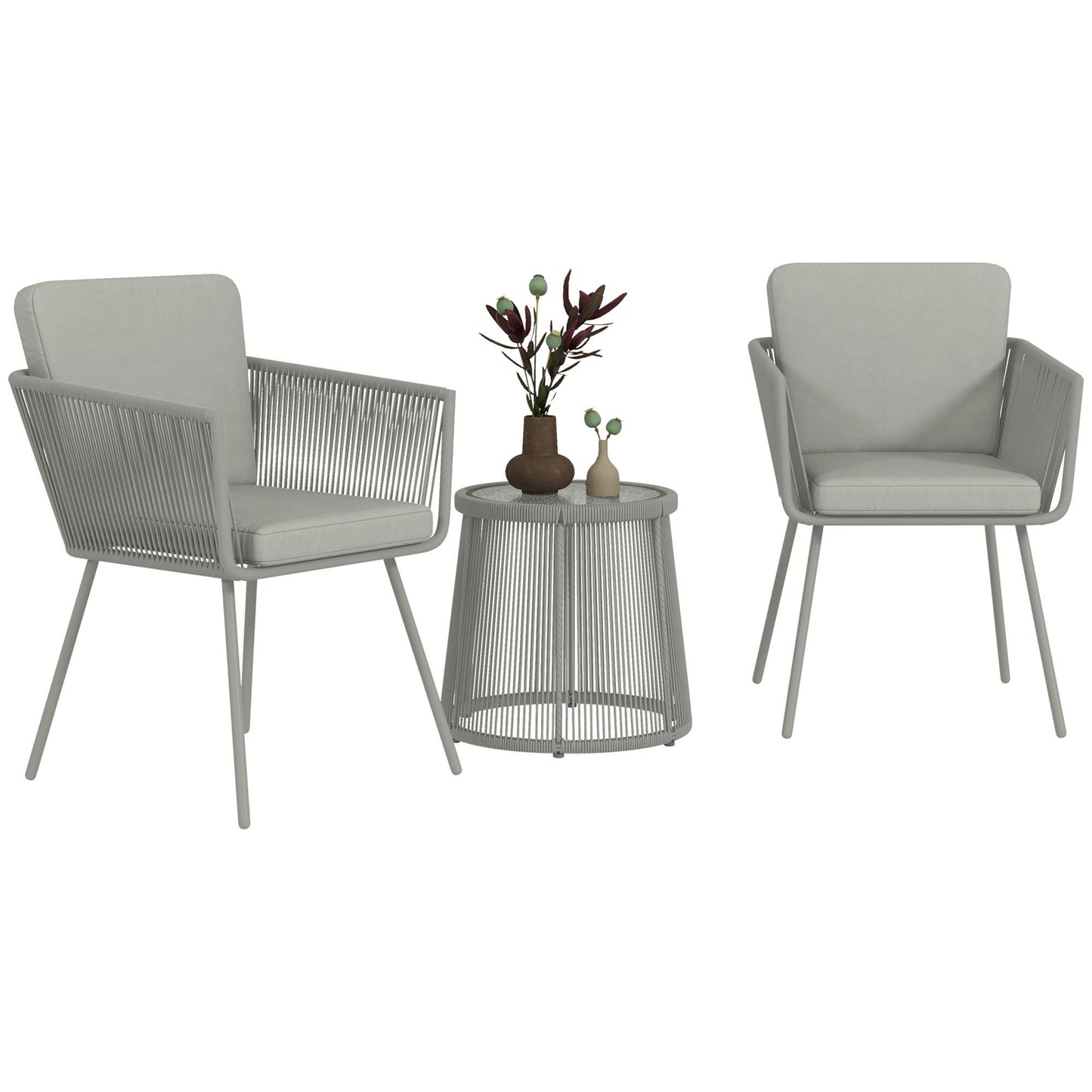 3 Piece Outdoor Patio Bistro Set, Wicker Rattan Furniture with Metal Legs for Garden, Backyard, Light Grey