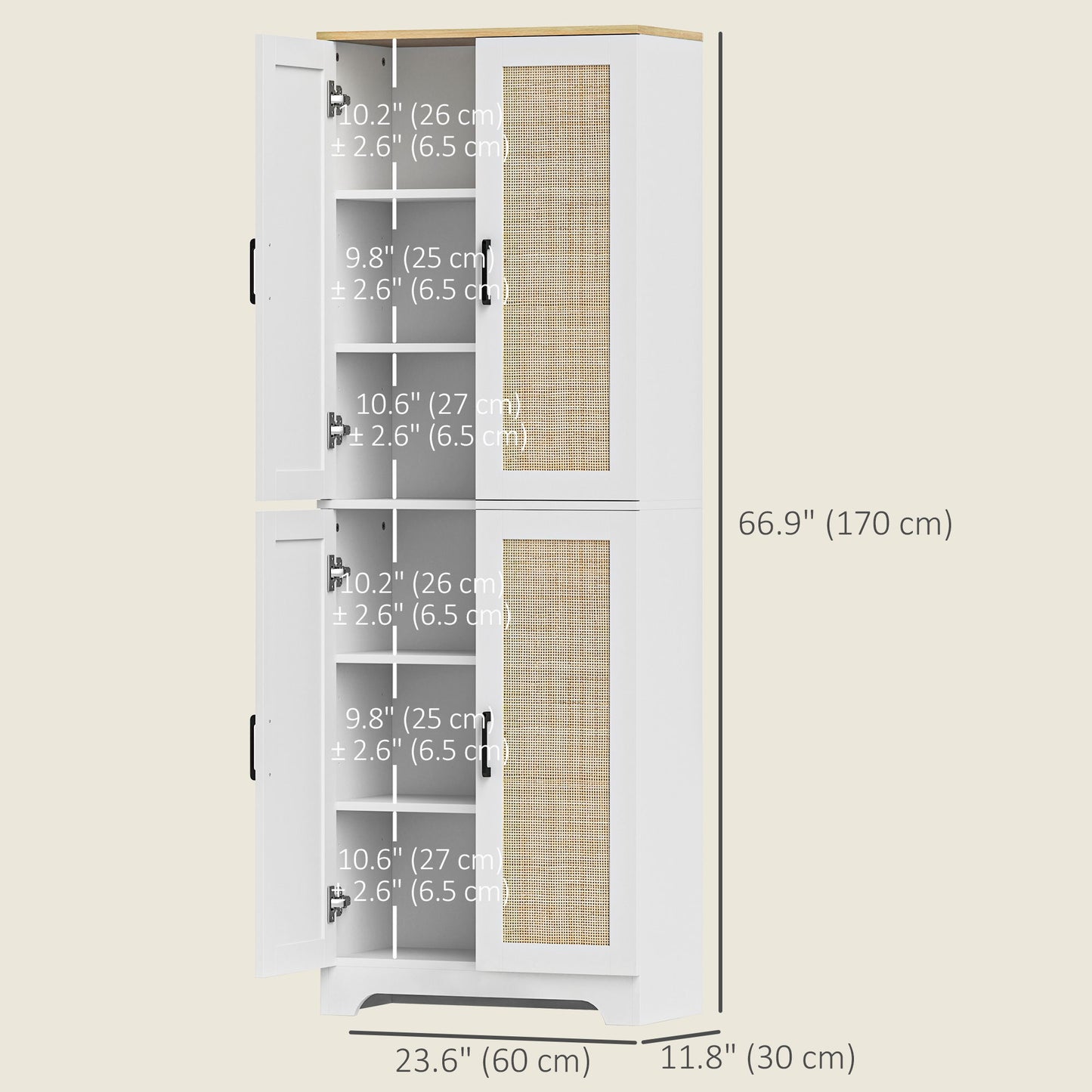 67" Tall Kitchen Pantry, Freestanding Kitchen Storage Cabinet with 4 Rattan Doors and Adjustable Shelves, White