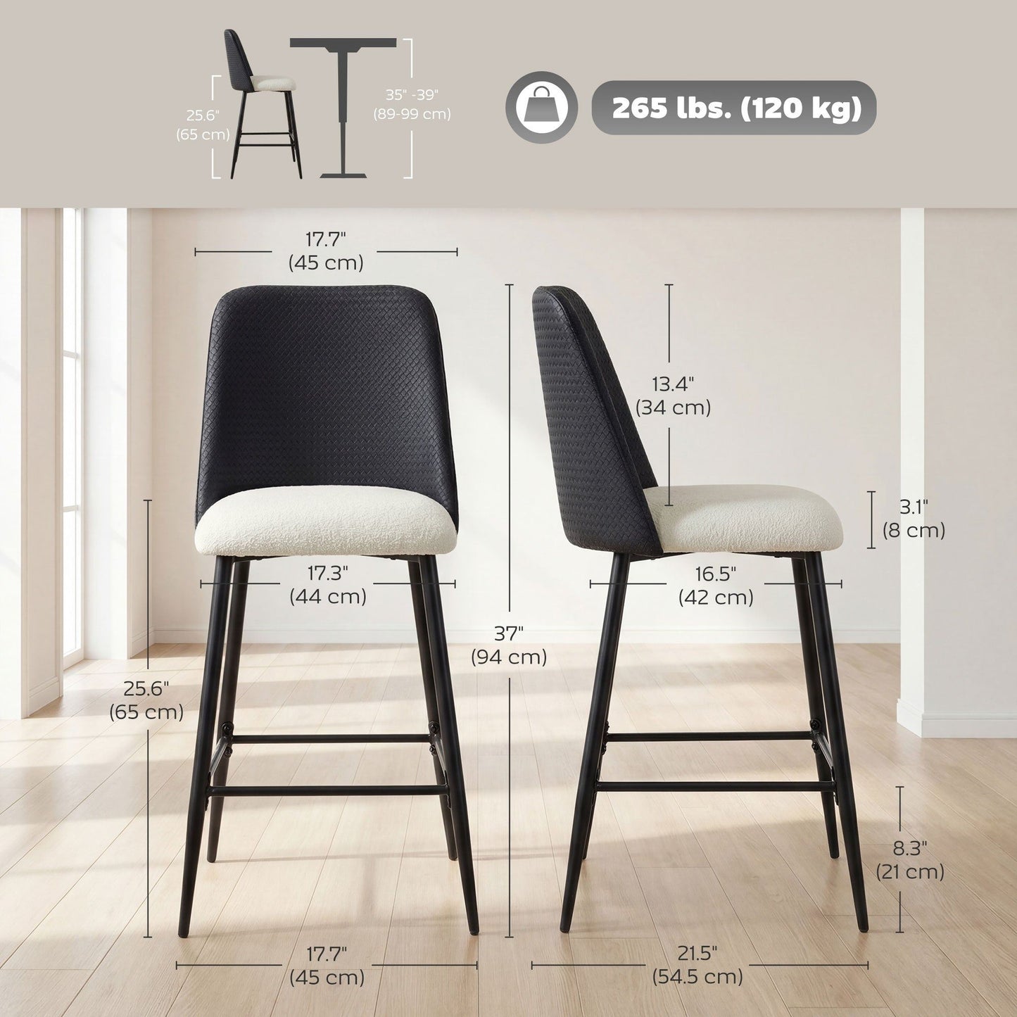 26" Counter Height Bar Stools Set of 2 with Backrest - Black