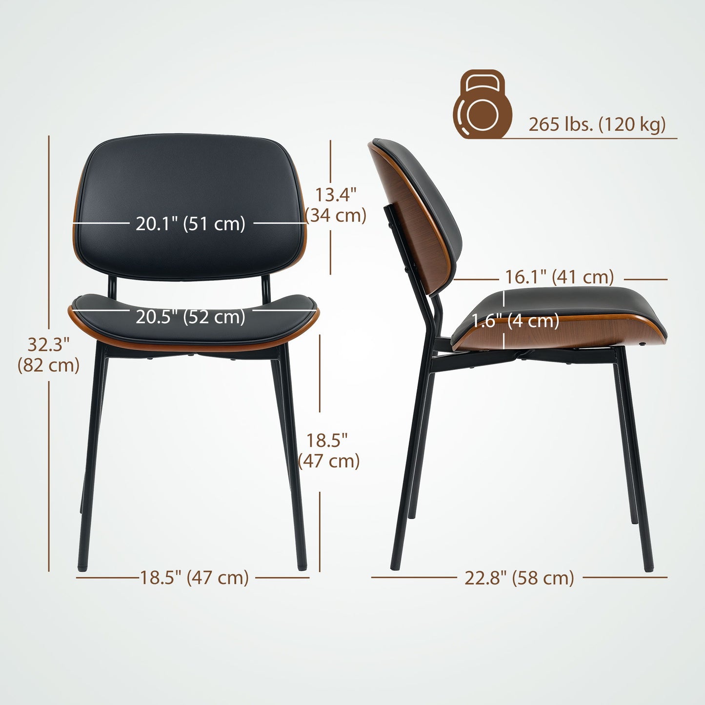 Dining Chairs Set of 2, Mid Century Modern Dining Room Chairs with Bentwood Back and Metal Legs for Kitchen Living Room