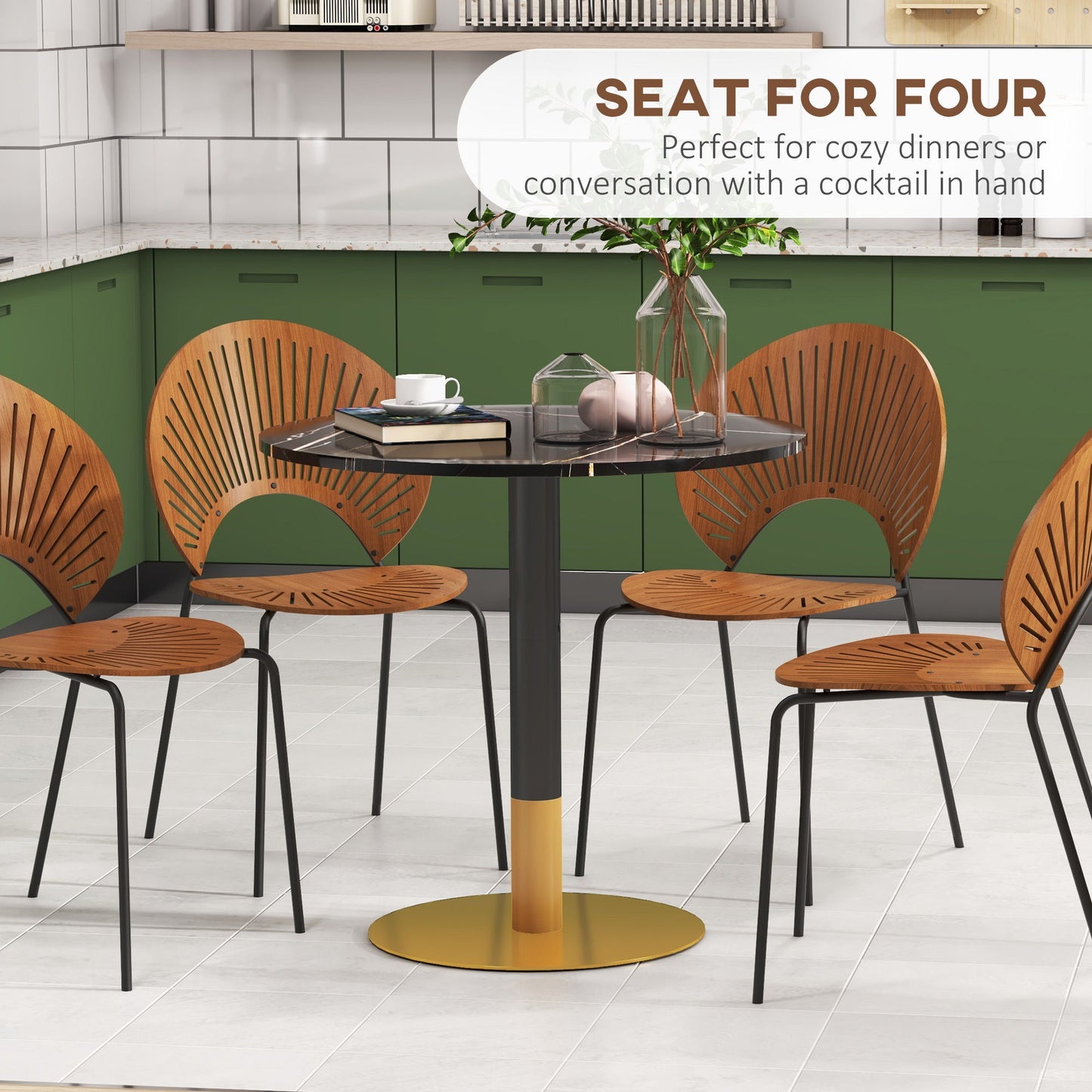Round Dining Table, Modern Dining Room Table with Faux Marble Top, Steel Base, Space Saving Small Kitchen Table, Black