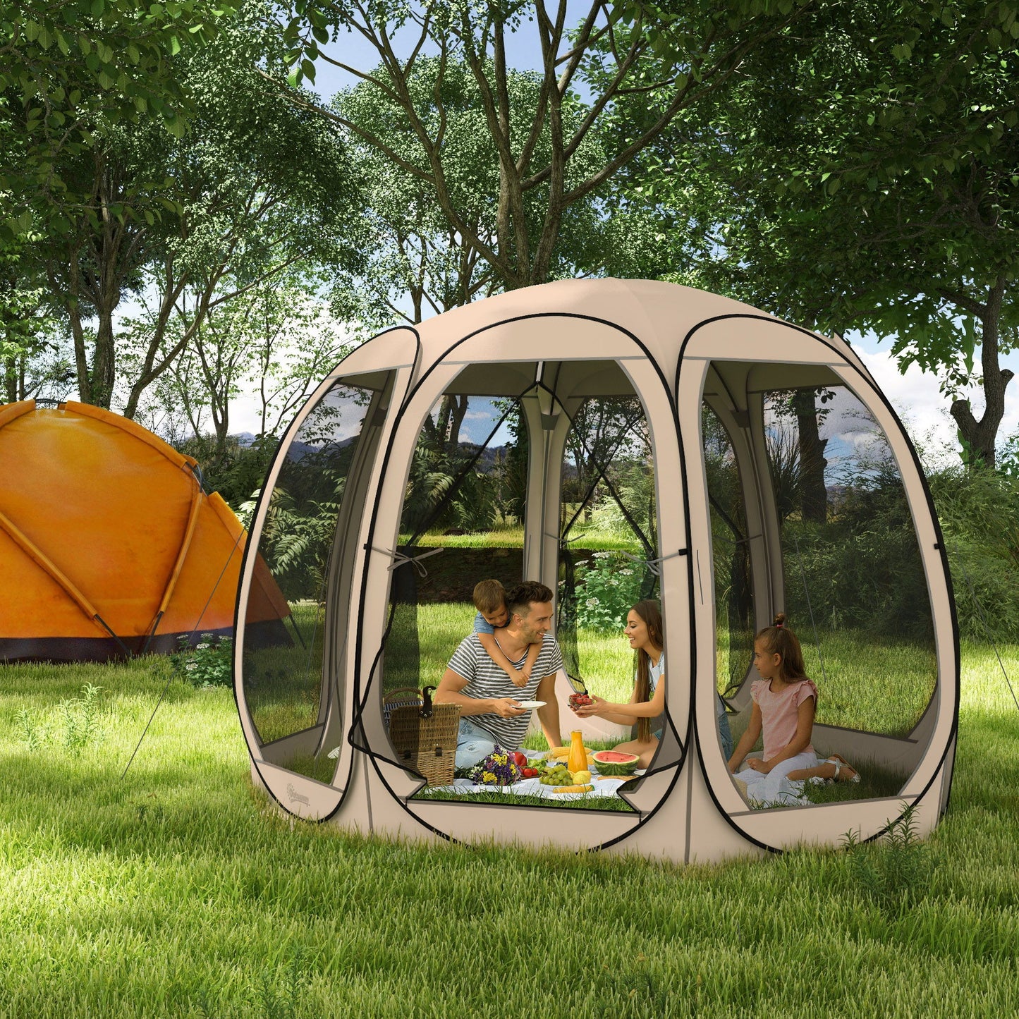 11' x 11.5' Screen Tent, Pop Up Camping Gazebo with Portable Carry Bag and 2 Doors, Beige