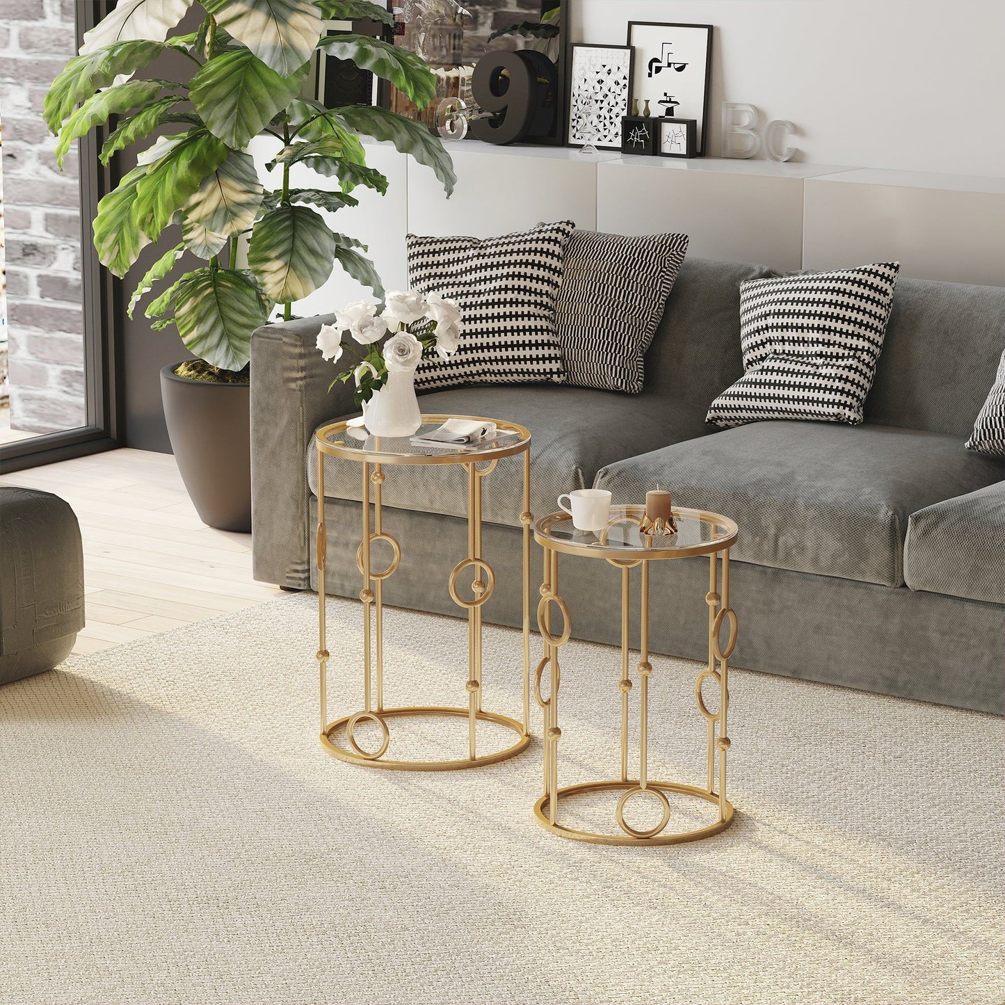 Round Glass-Top Nesting Tables Set of 2 - Gold